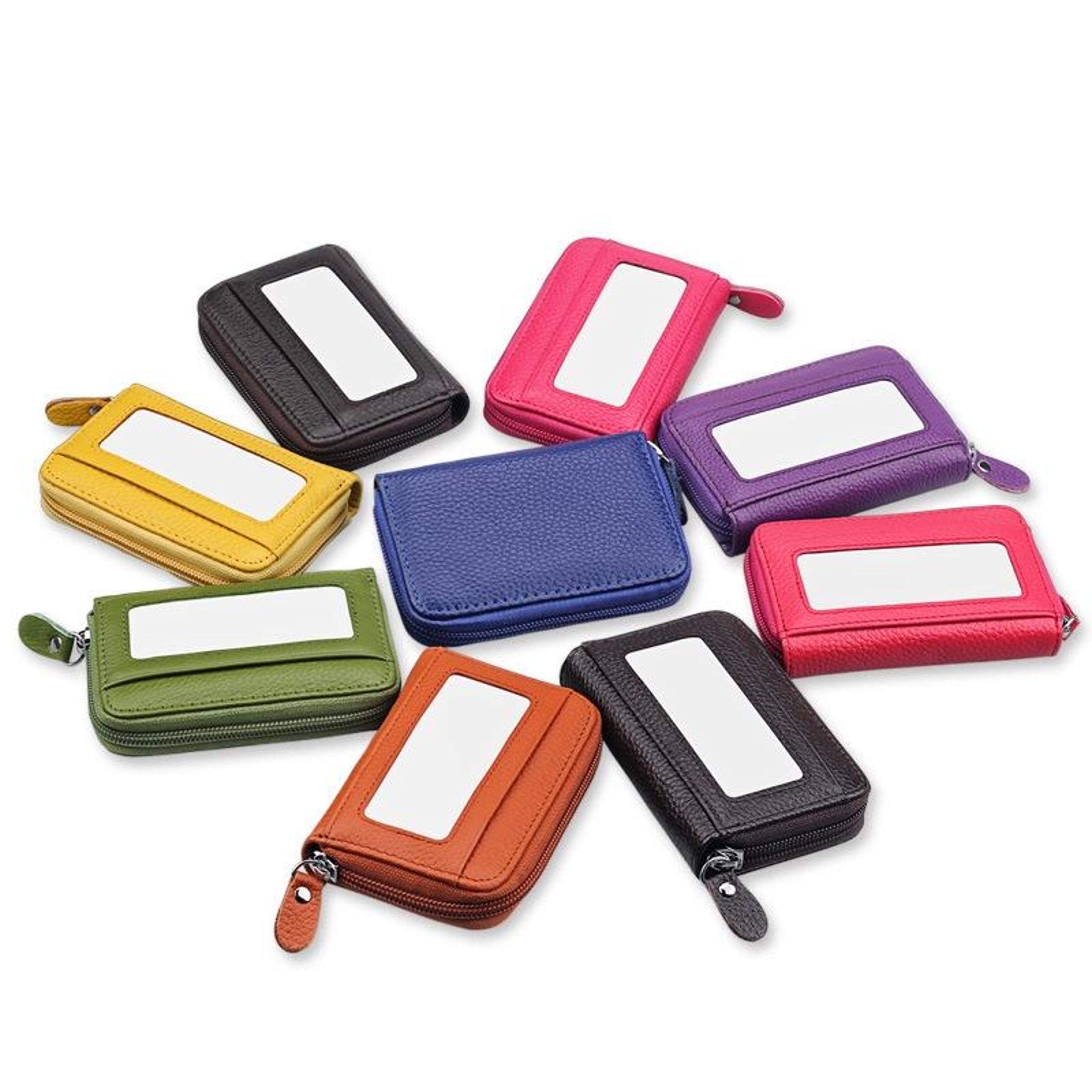 RFID Blocking Leather Card Holder Wallet Slim Zipper Cowhide Organizer With 12 Slots 6