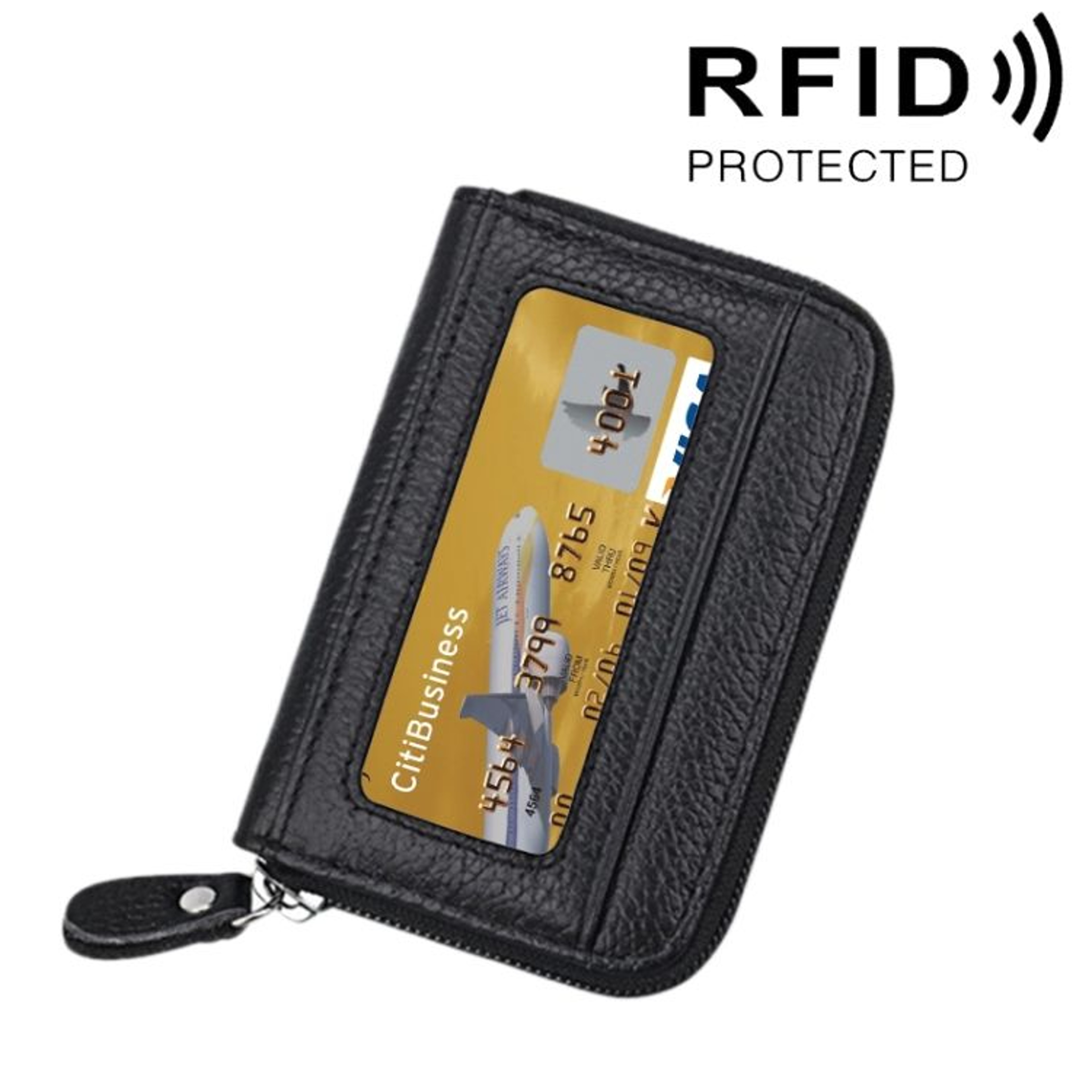 RFID Blocking Leather Card Holder Wallet Slim Zipper Cowhide Organizer With 12 Slots 7