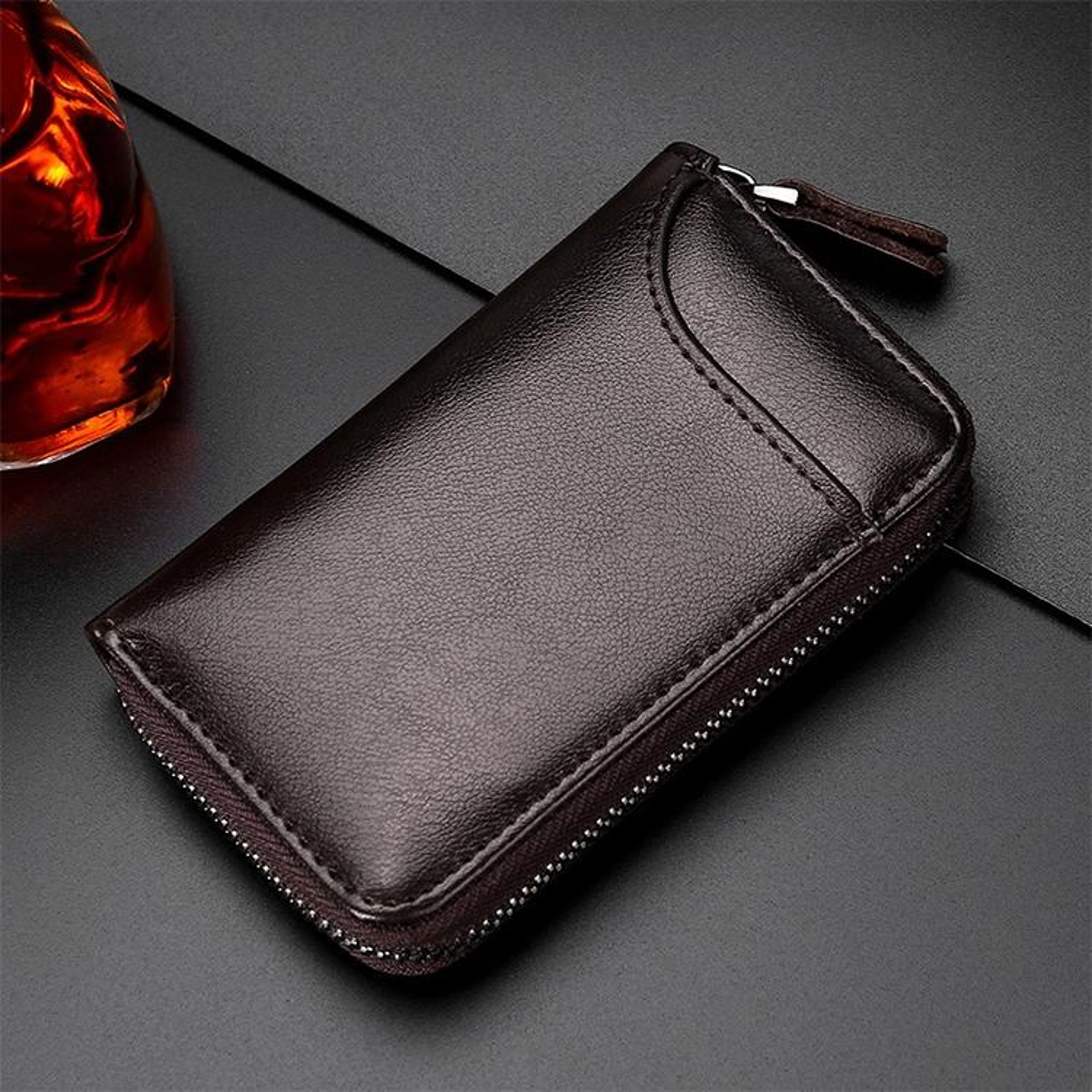 Large Capacity Leather Key Organizer Wallet Zipper Key Holder Case 8