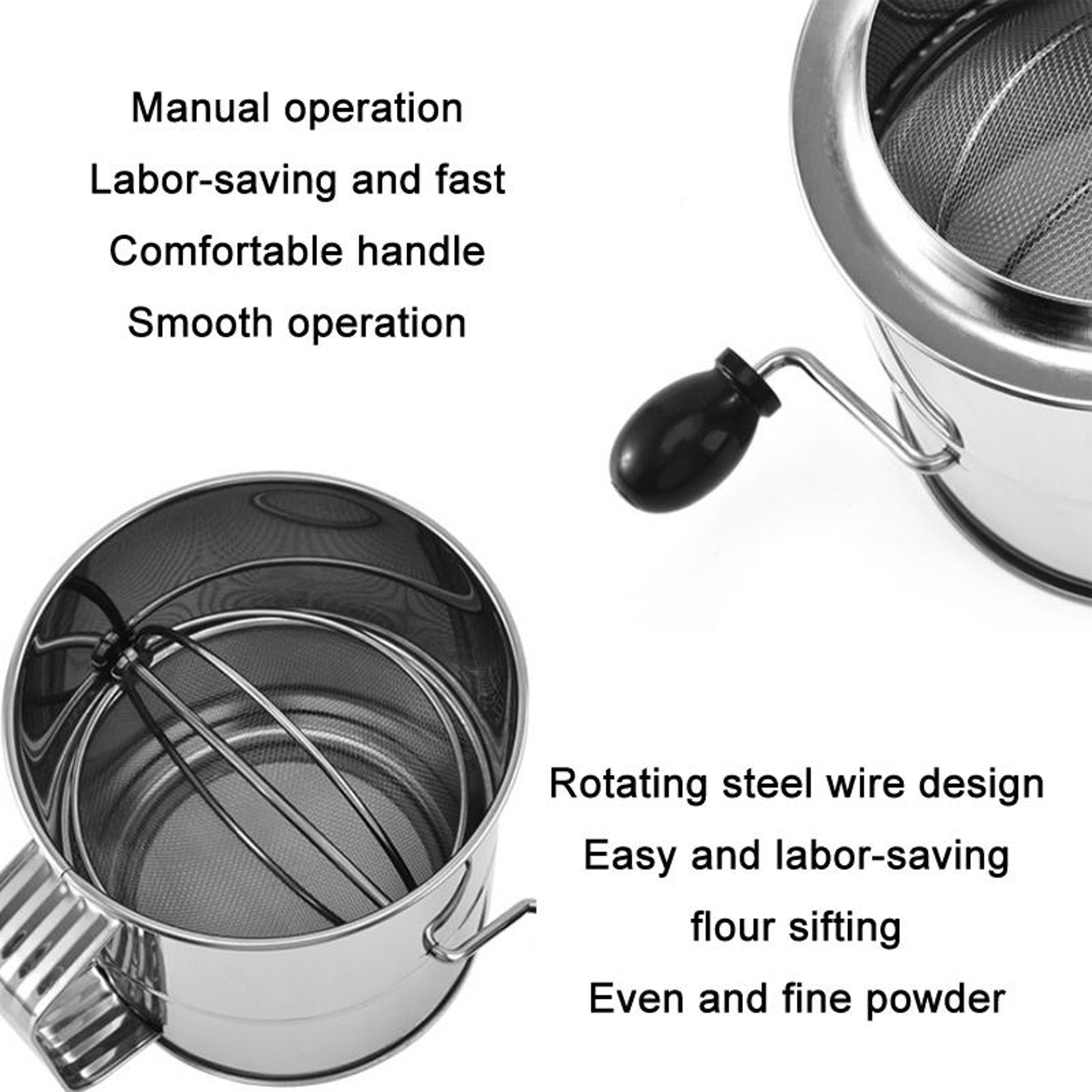 Hand Crank Stainless Steel Flour Sifter – Rotating Flour Sieve for Baking, Matcha & Cocoa Powder – view 4