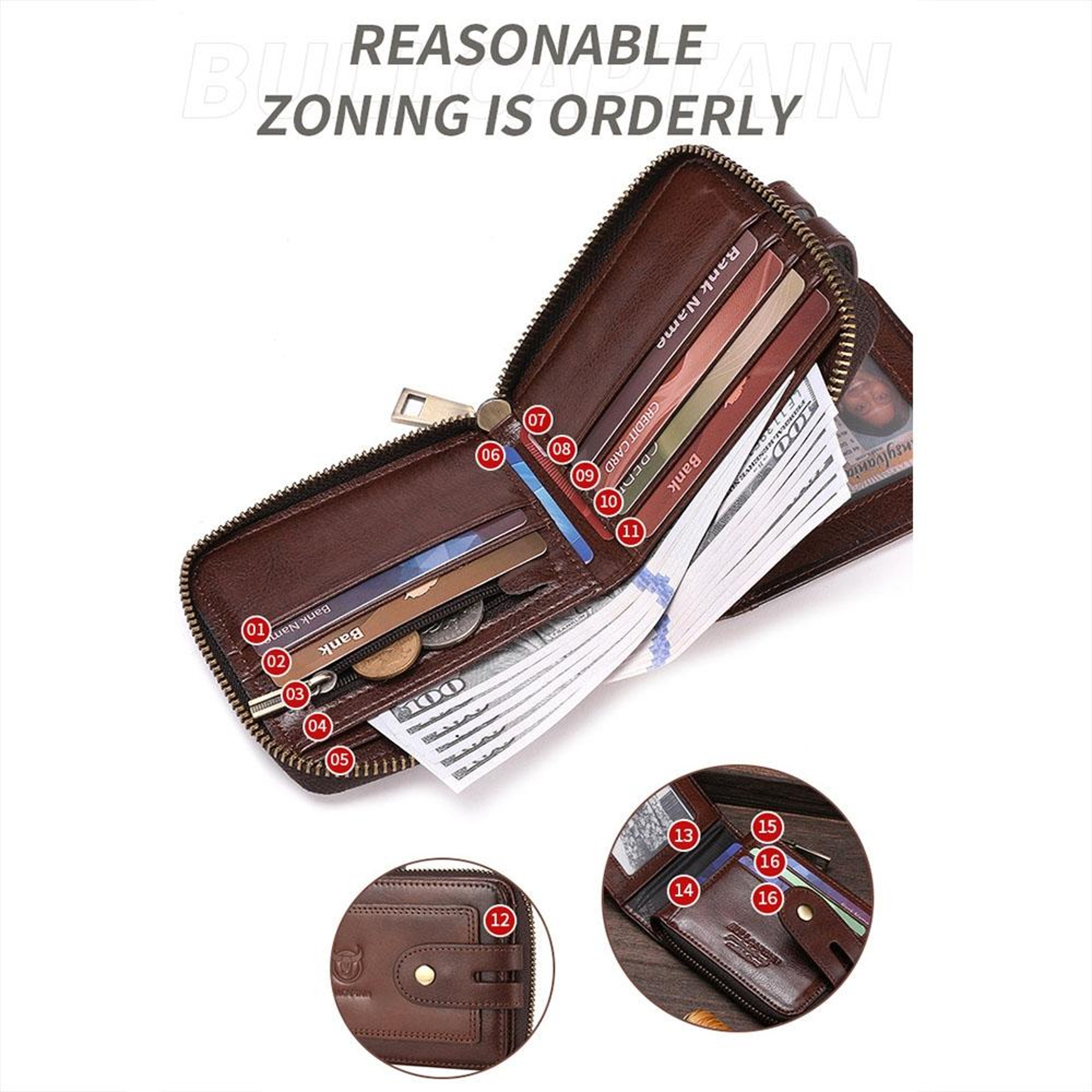 Vintage RFID Blocking Leather Wallet For Men With Zipper Card Holder 3
