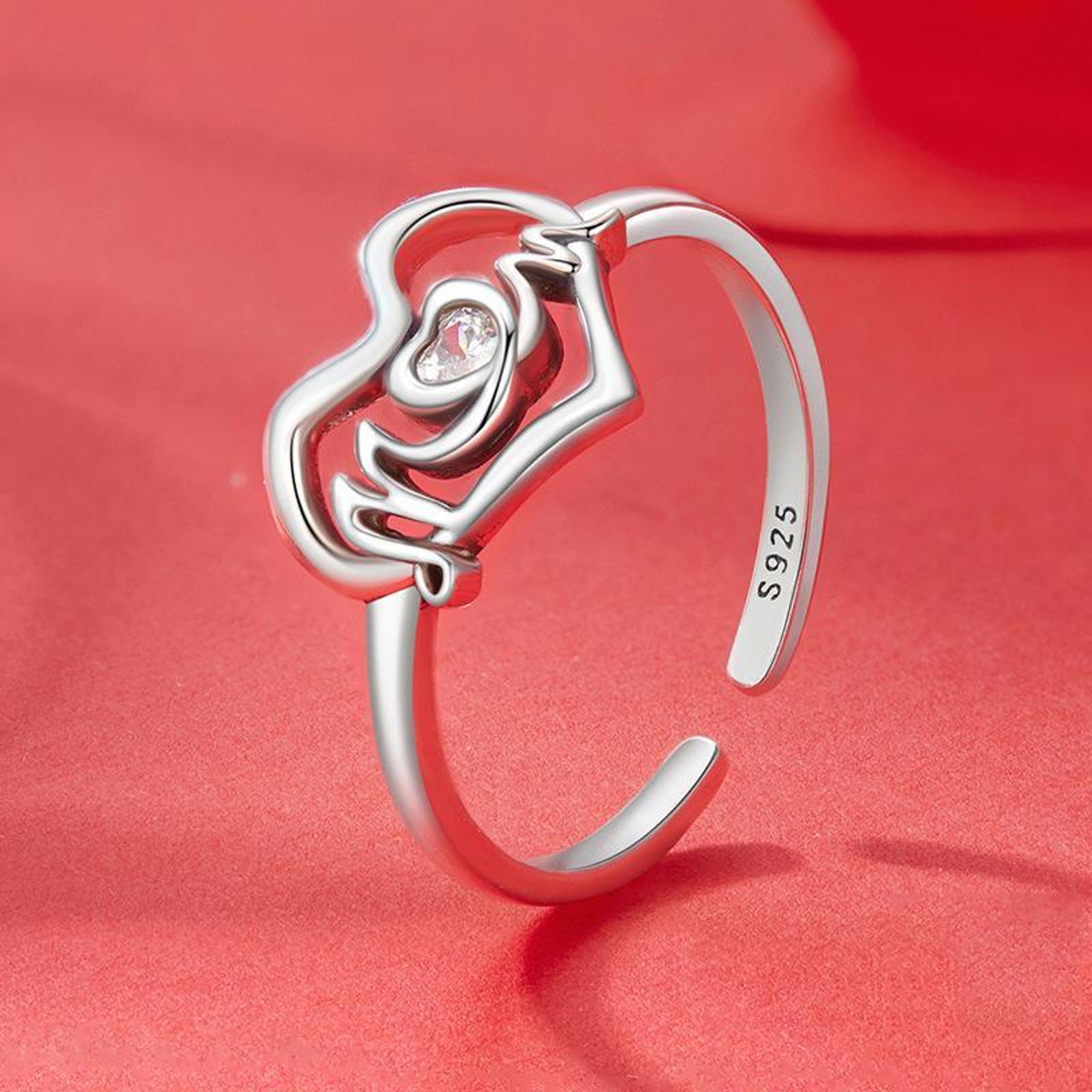 Sterling Silver Heart Ring For Women Adjustable Zircon Love Band Gift For Mom 0