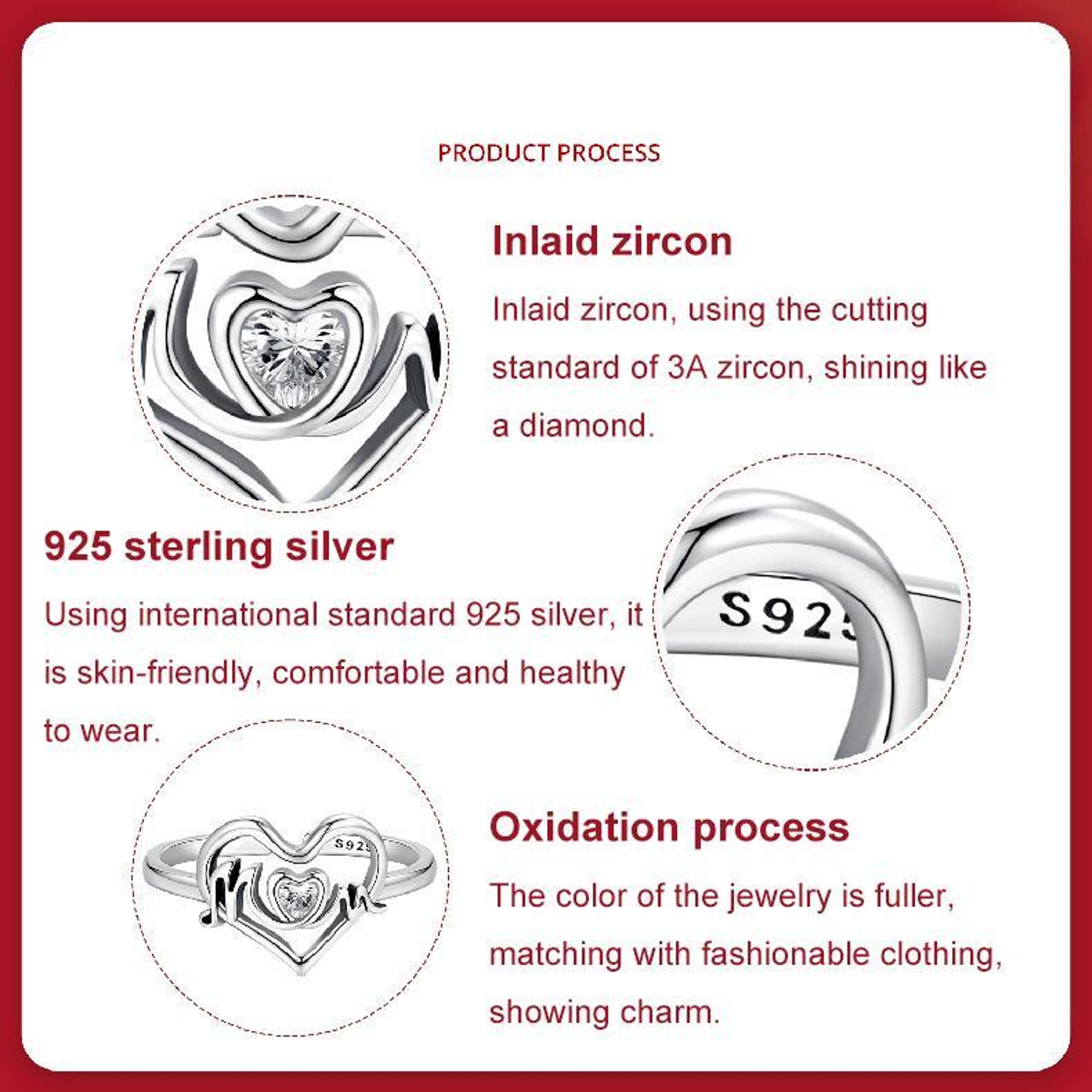 Sterling Silver Heart Ring For Women Adjustable Zircon Love Band Gift For Mom 3