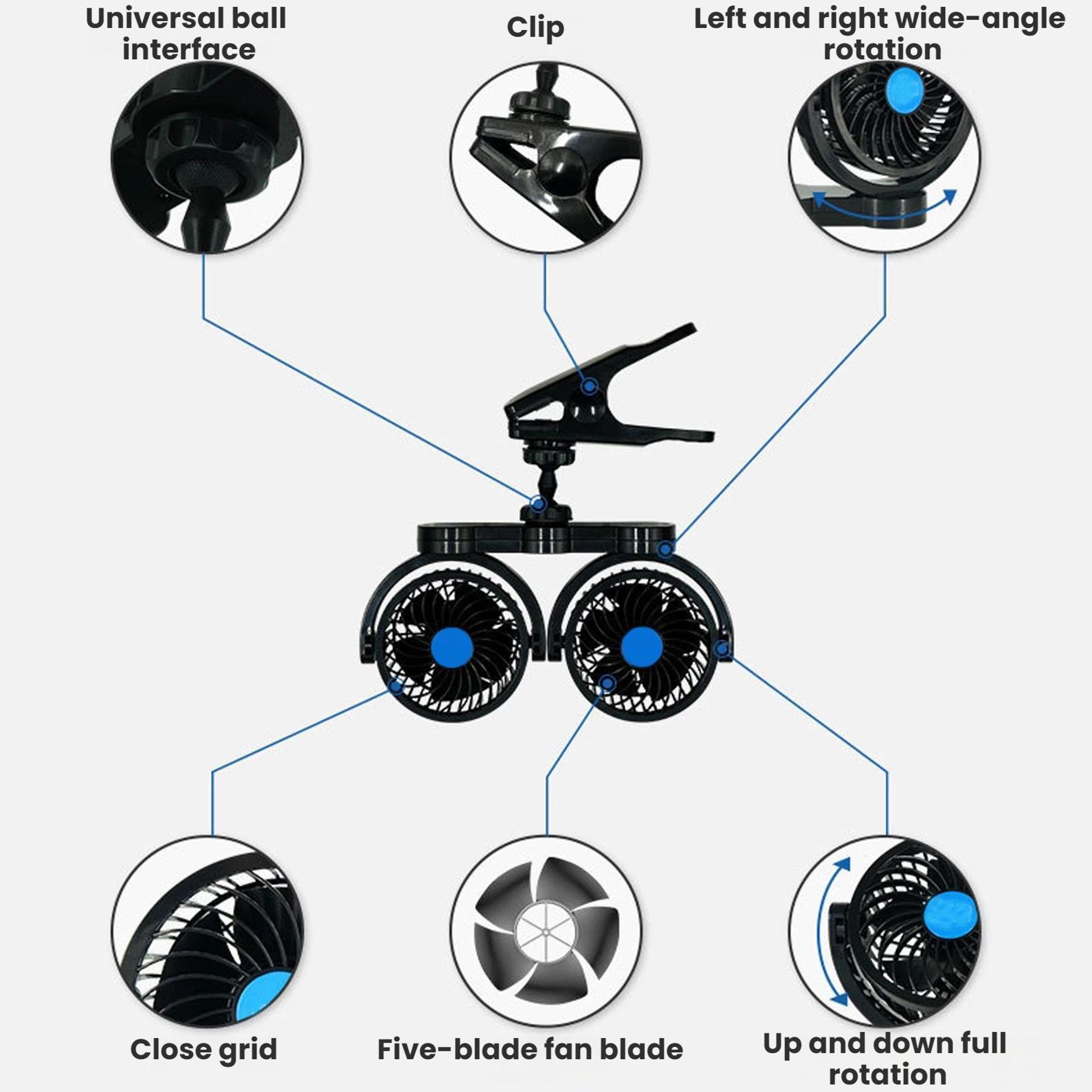 Portable Dual Head Car Fan Clip On Car Cooling Fan With Stepless Speed Control 2