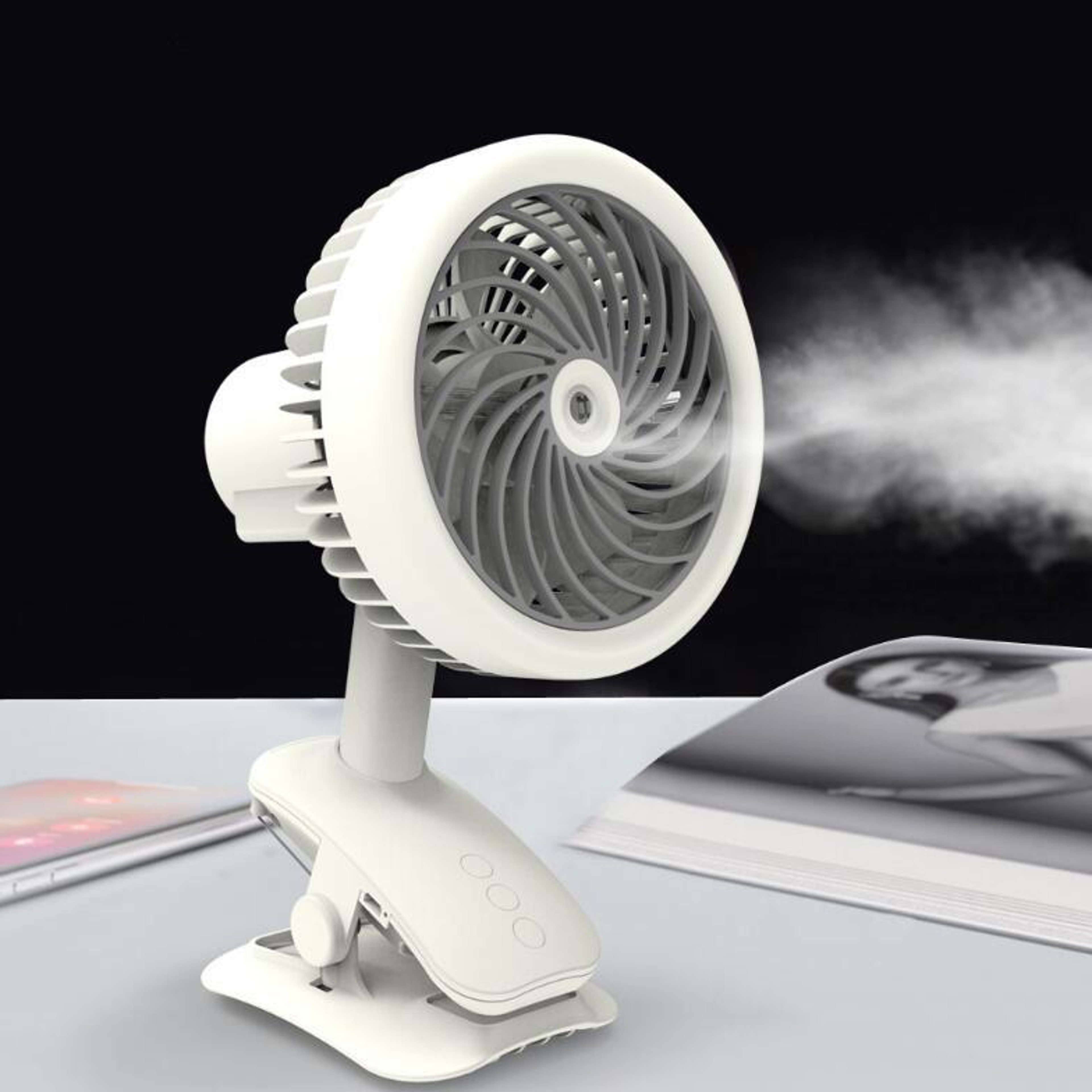 Portable USB Clip Fan Rechargeable Desktop Fan With Mist Spray And 3 Speed Cooling 1