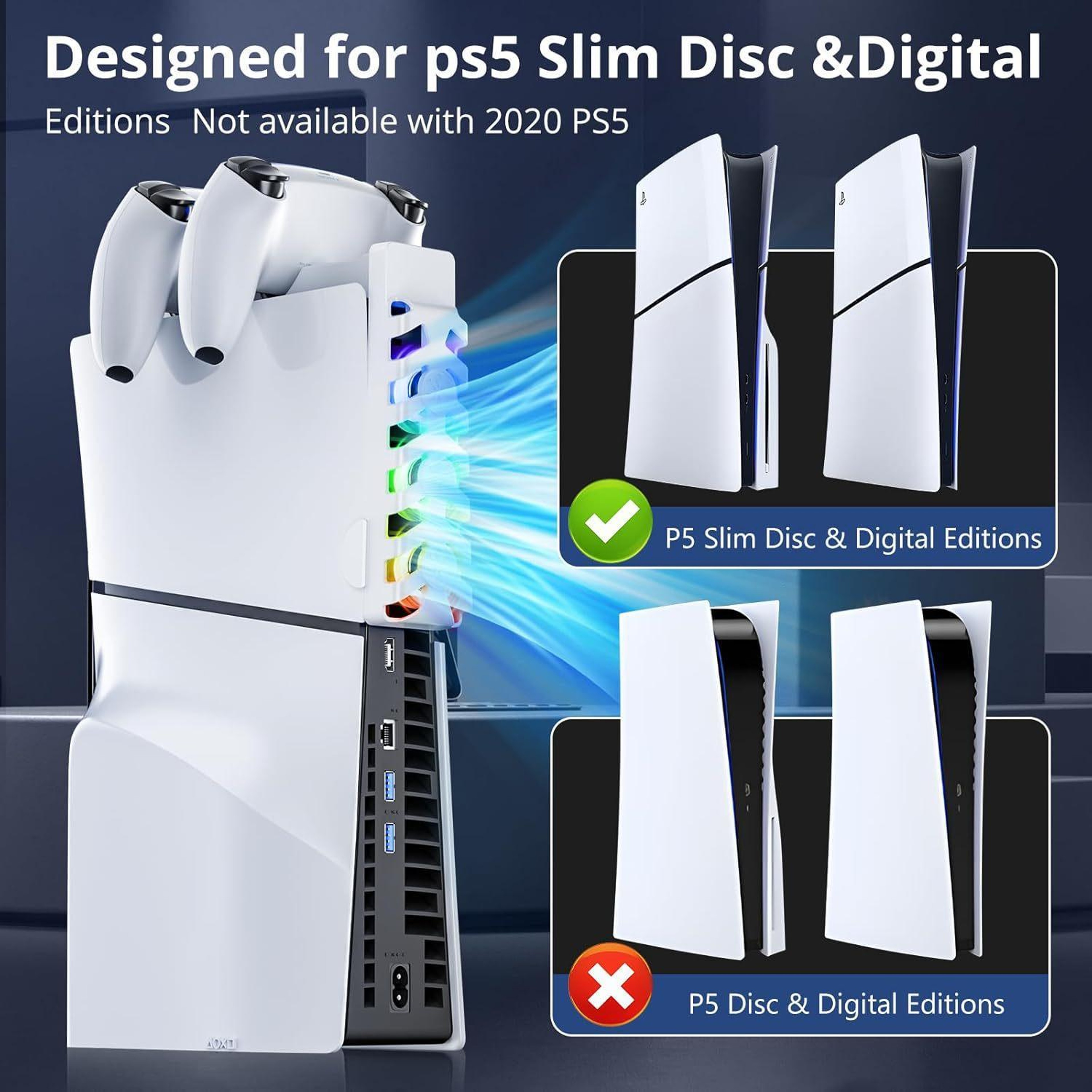 PS5 Slim Charging Station With Cooling Fan DualSense Controller Charger RGB Gaming Dock 4