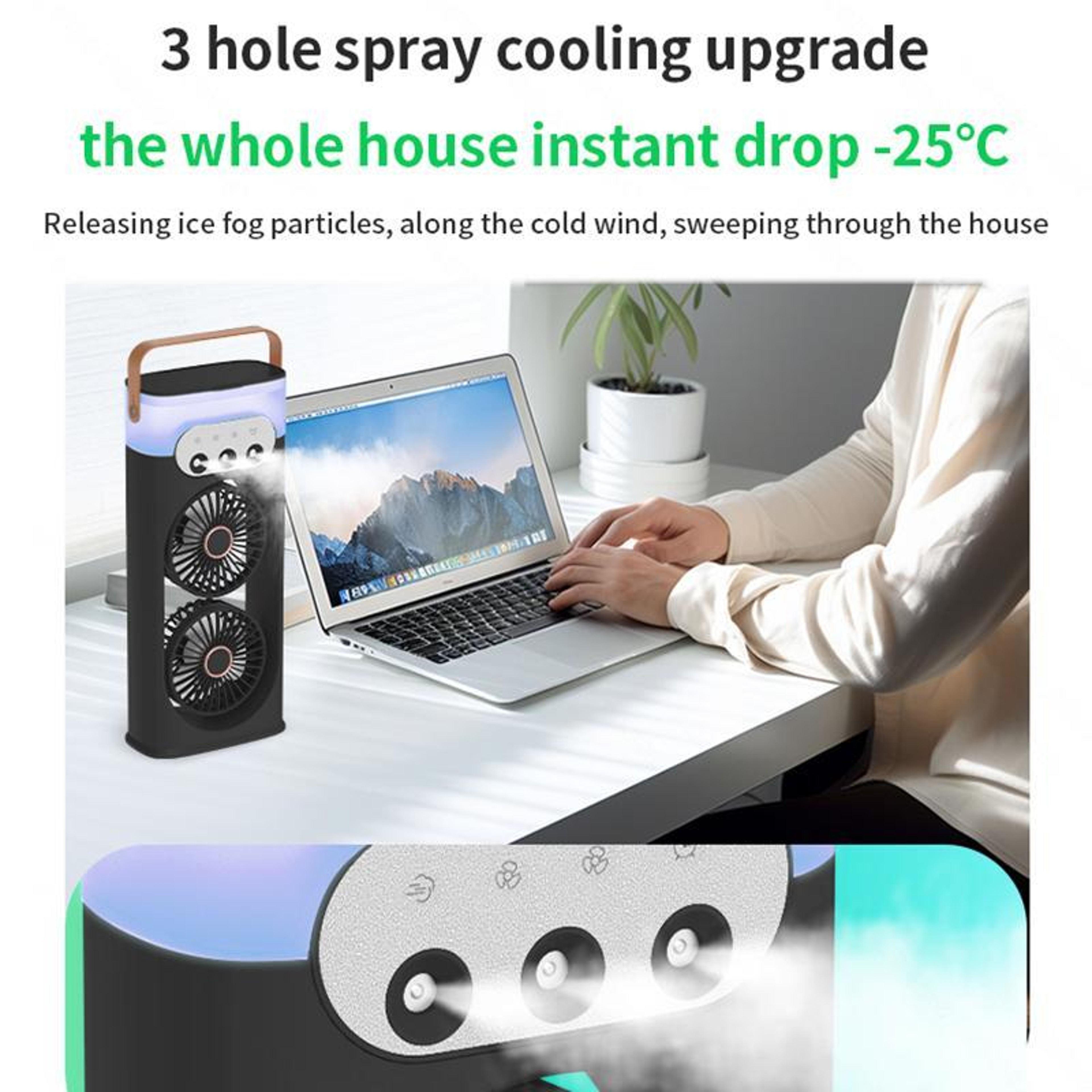 Dual Head Mist Fan With Portable Air Cooler And Humidifier For Powerful Personal Cooling 7