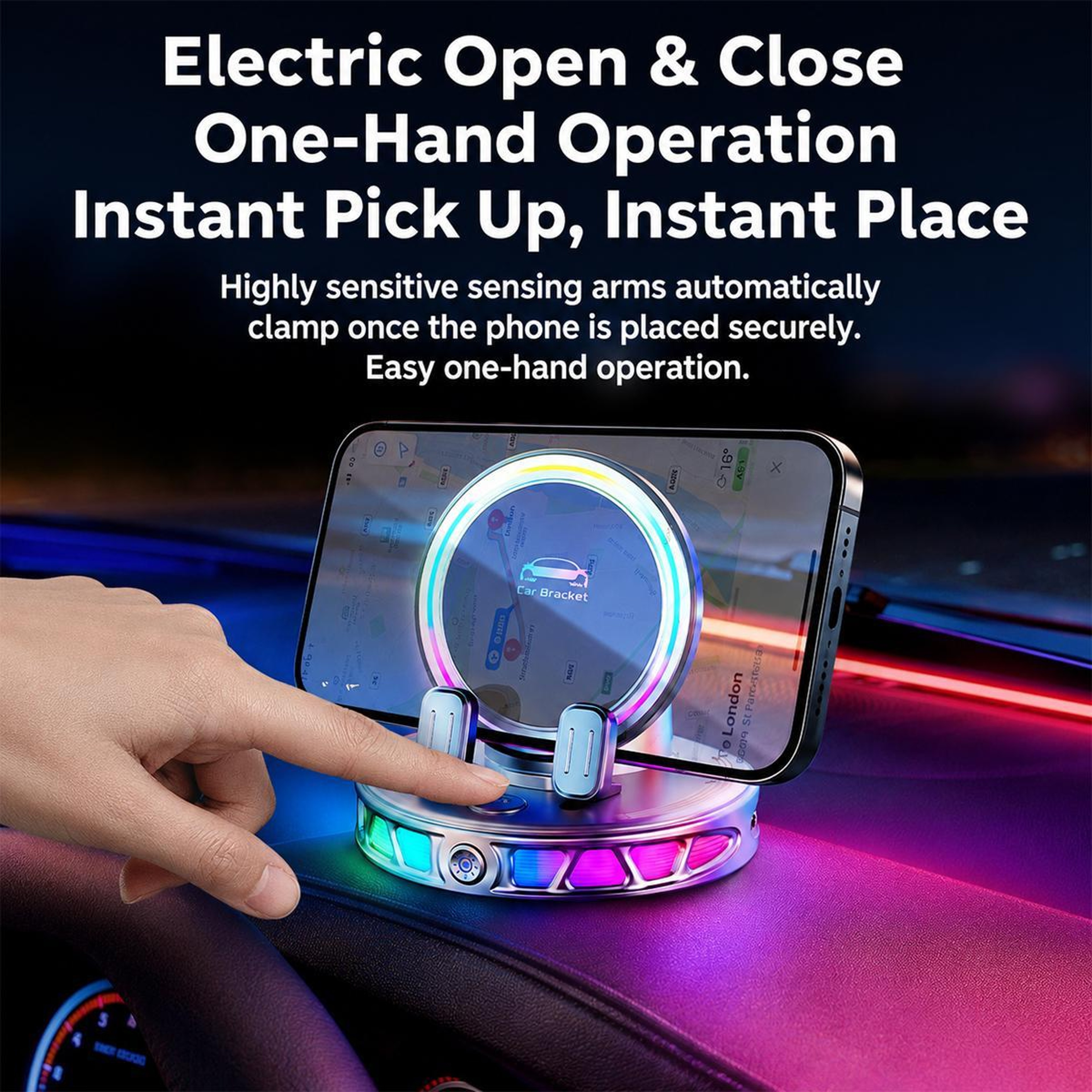 Auto Lock Wireless Car Charger Dashboard Phone Holder With 360 Rotation And RGB Light 6
