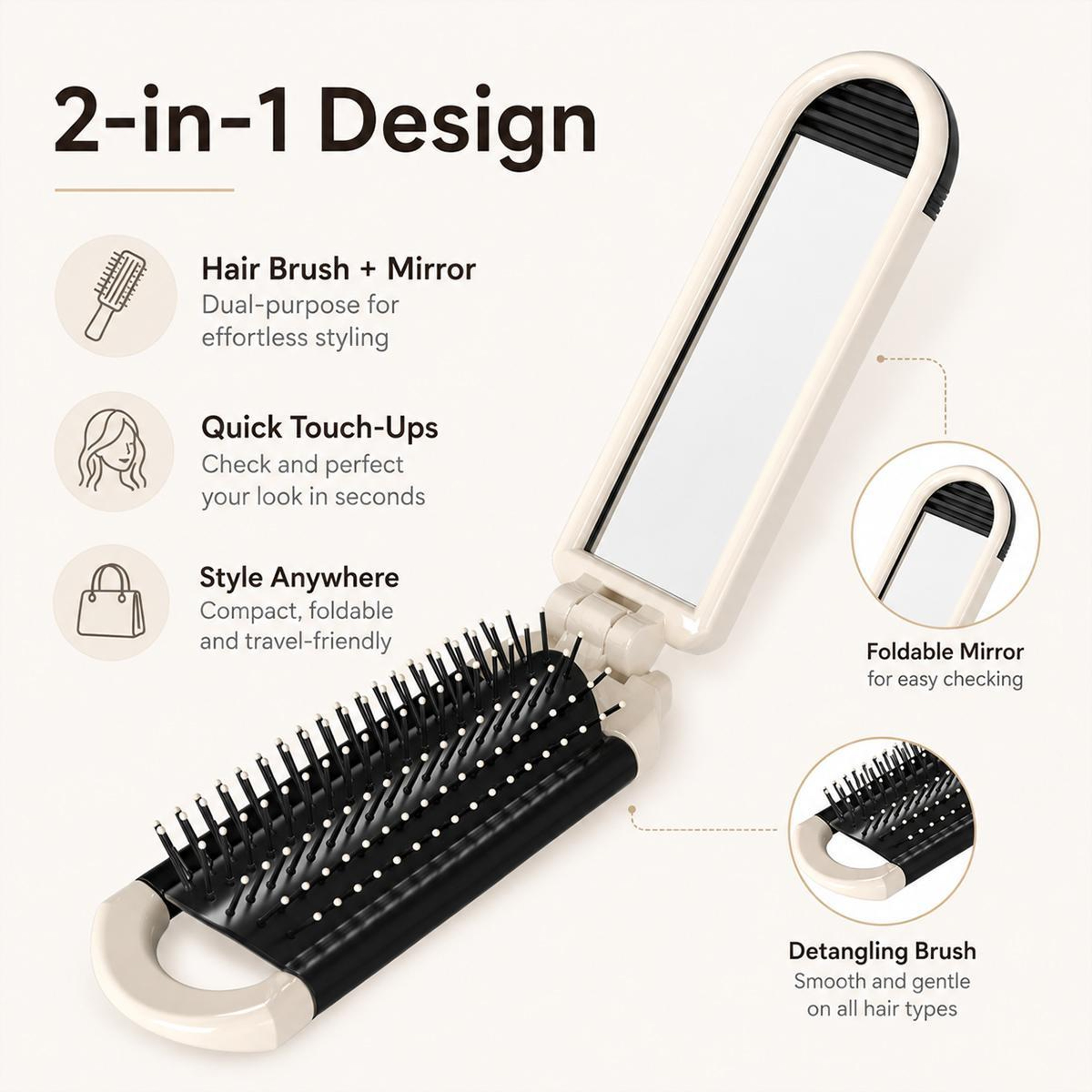 Portable Travel Hair Brush With Mirror Folding Air Cushion Scalp Massage Brush For Purse And Travel 3