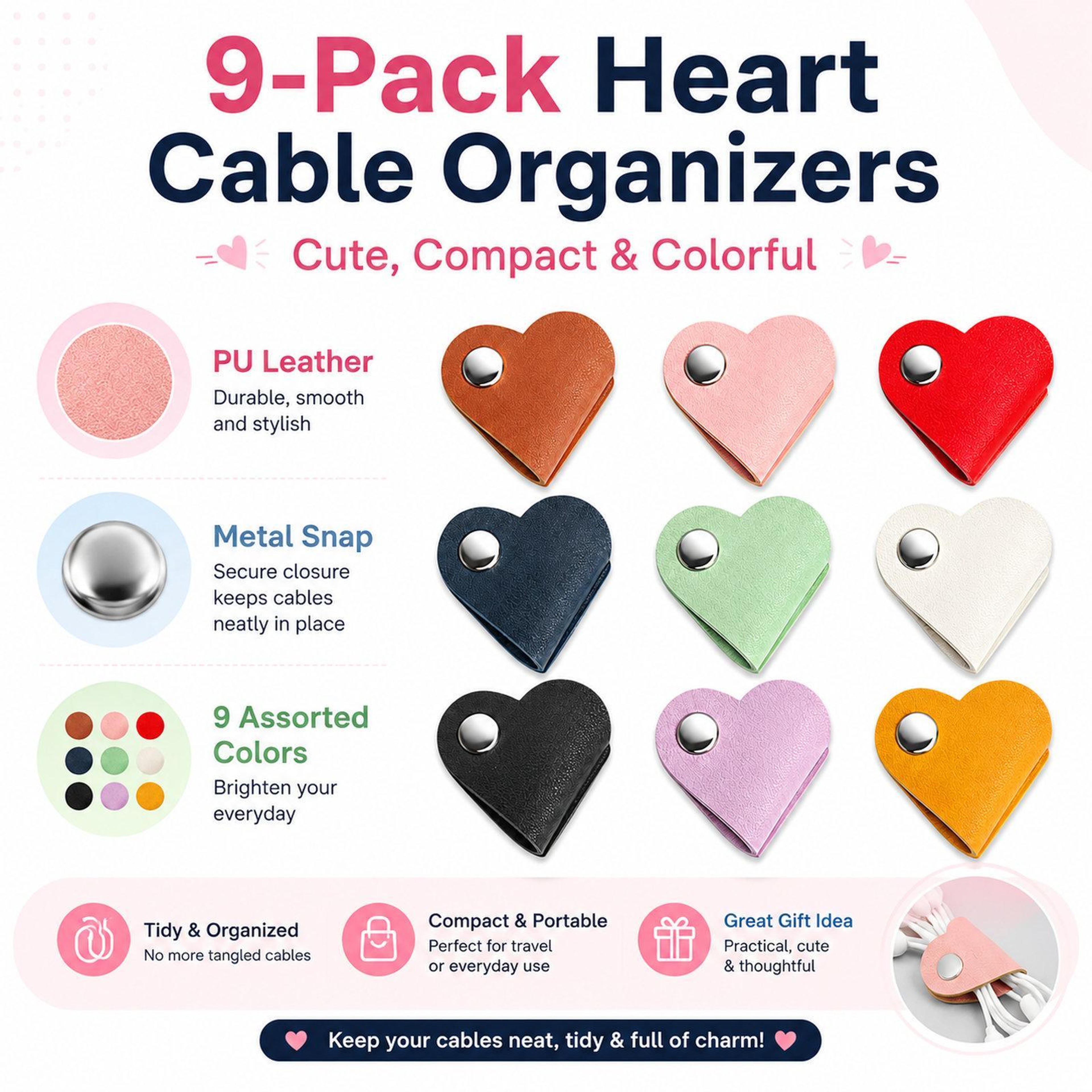 9PCS Heart Cord Organizer PU Leather Cable Straps Reusable Wire Holder for Charging Cables and Earphones – view 3