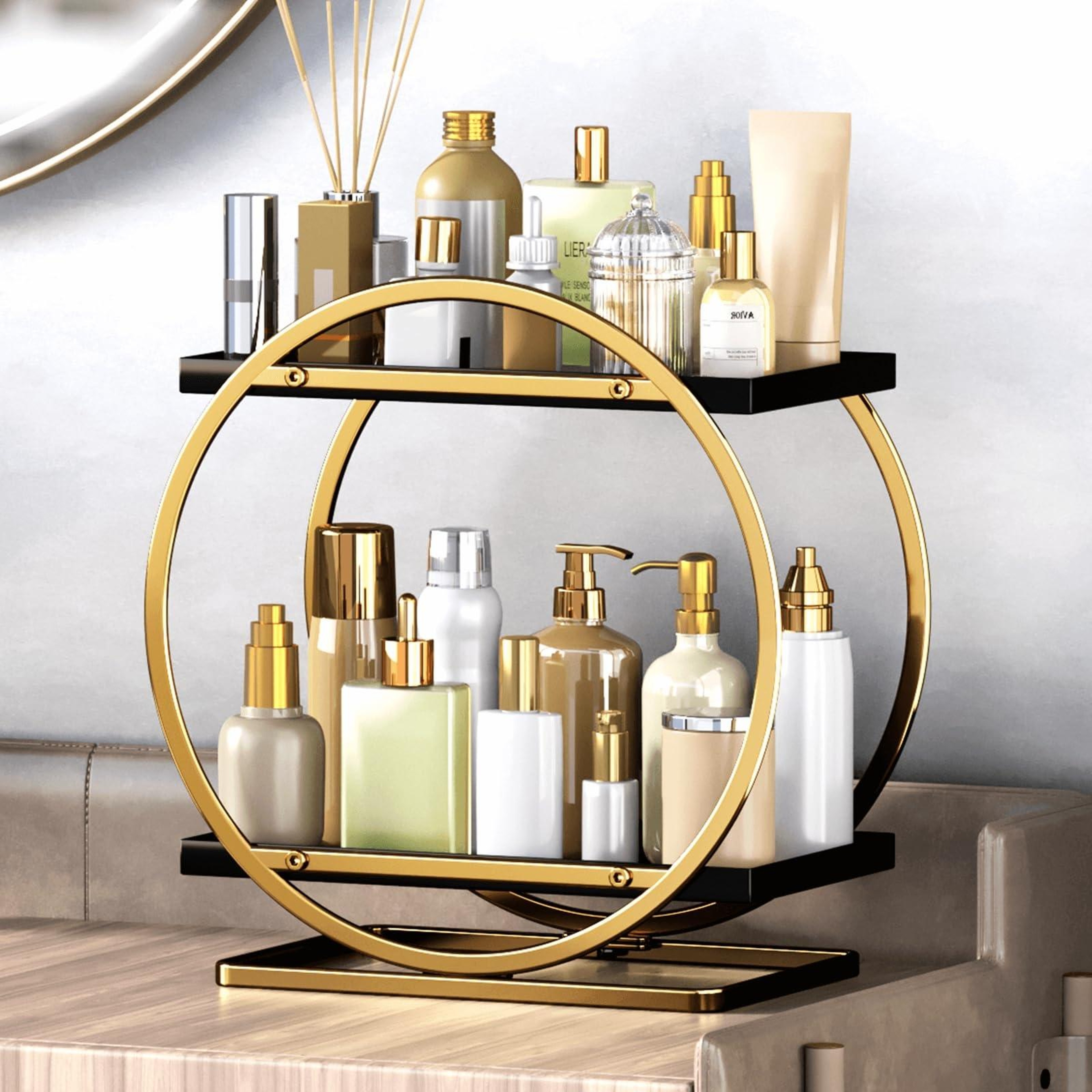2 Tier Makeup Organizer Cosmetic Display Tray Iron Vanity Organizer For Bathroom And Dresser 7