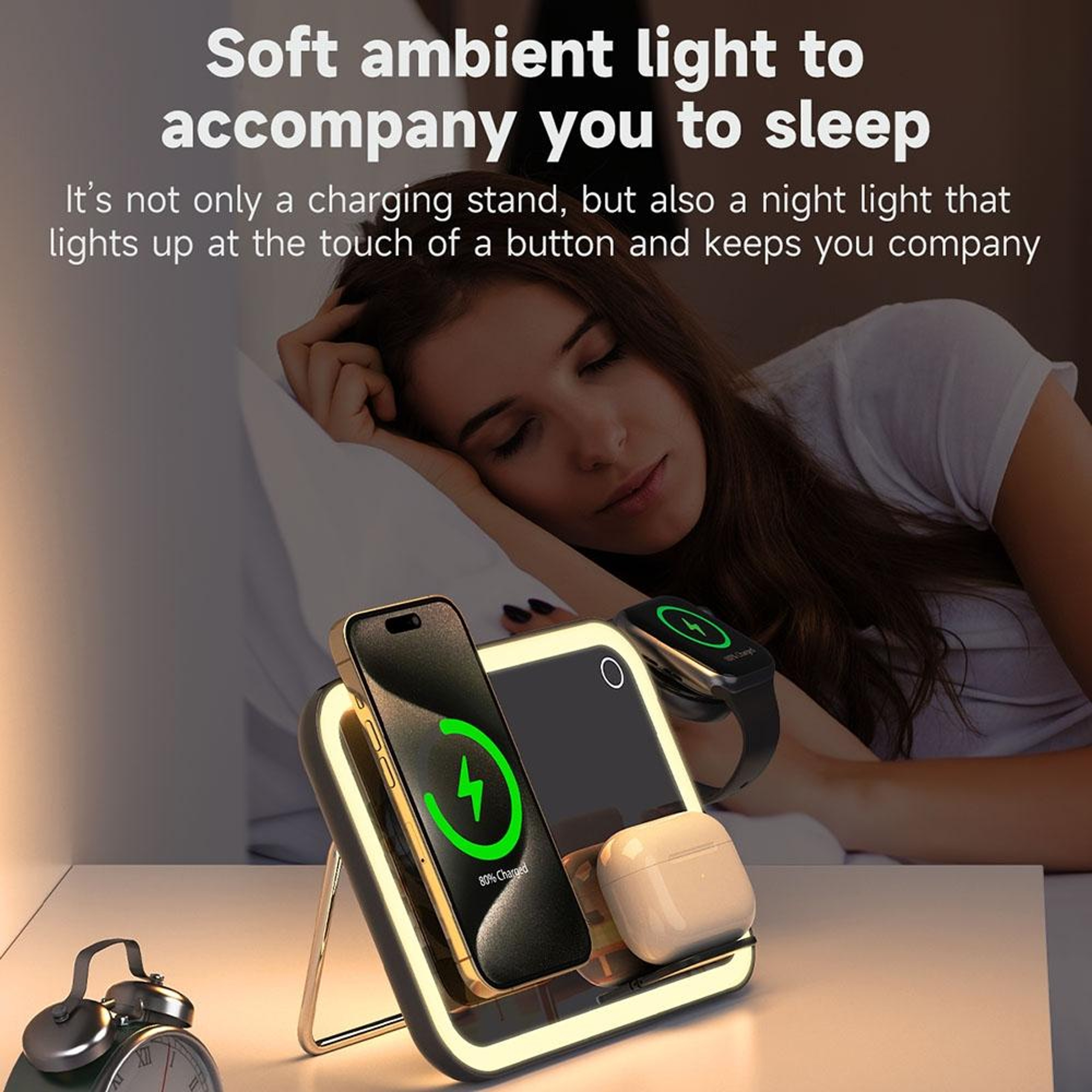 3 In 1 MagSafe Charger Foldable Wireless Charging Station With LED Makeup Mirror And Night Light 7