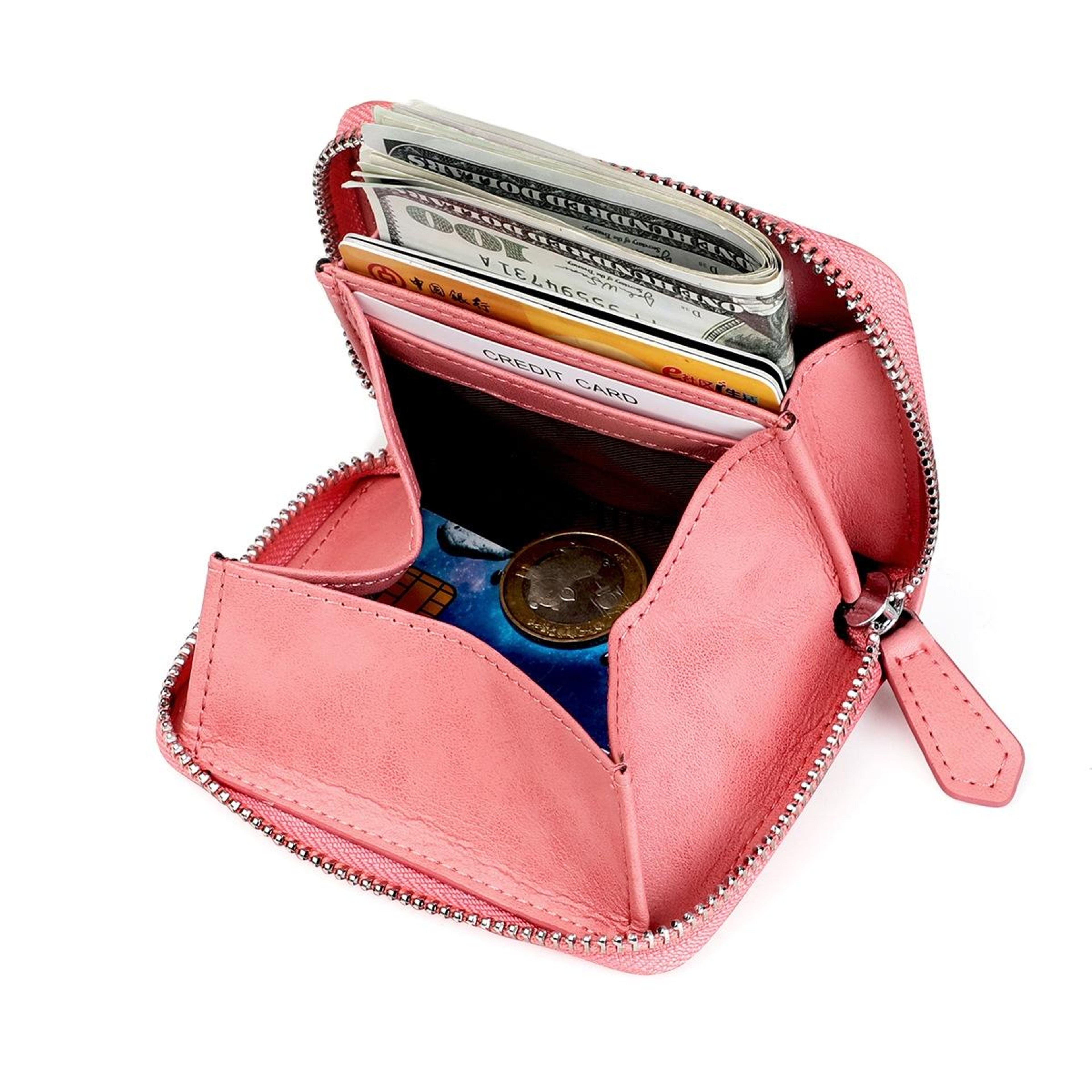 RFID Blocking Leather Coin Purse Compact Zipper Wallet With Card Holder 1
