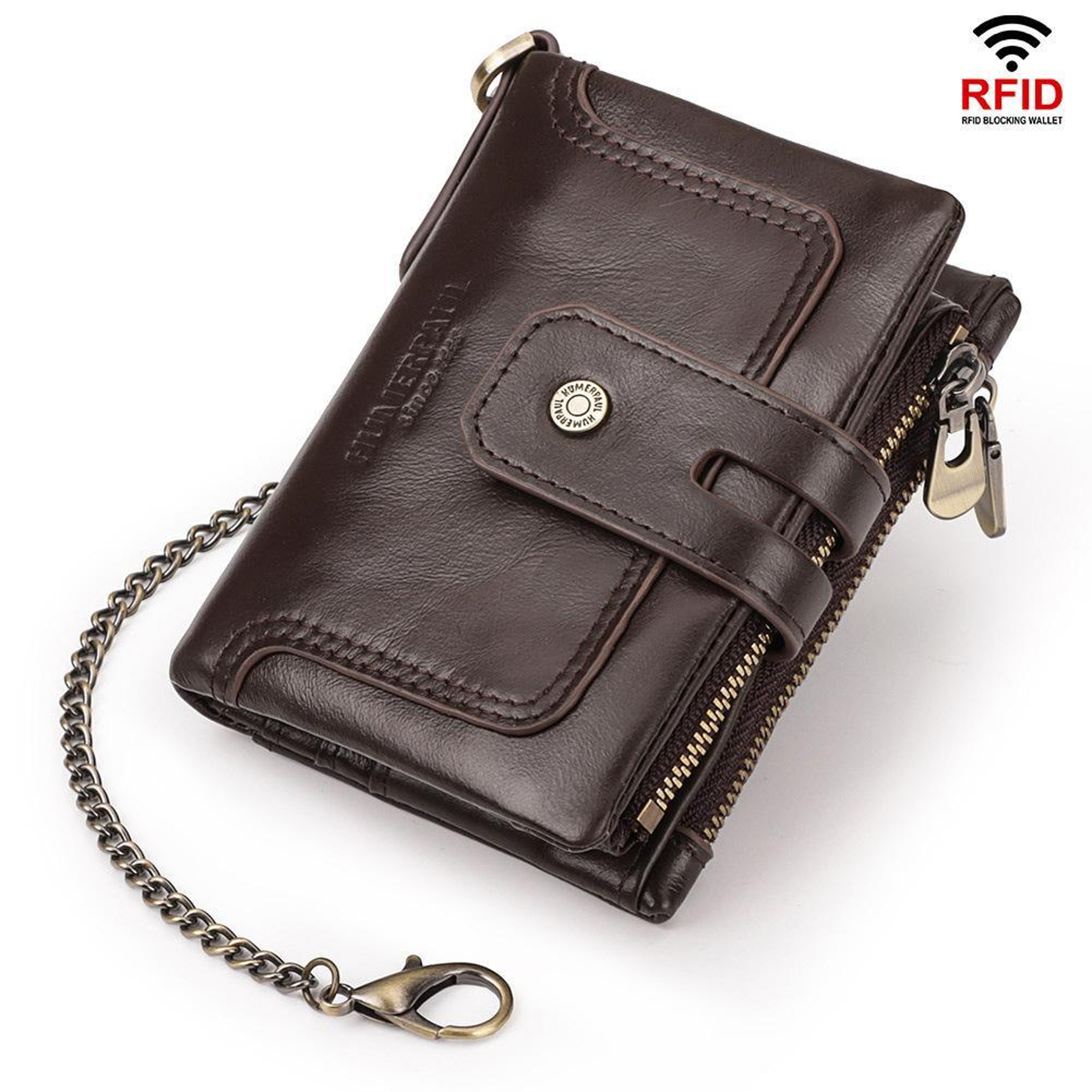 RFID Trifold Leather Wallet With Double Zipper Coin Purse Large Capacity Card Holder 8