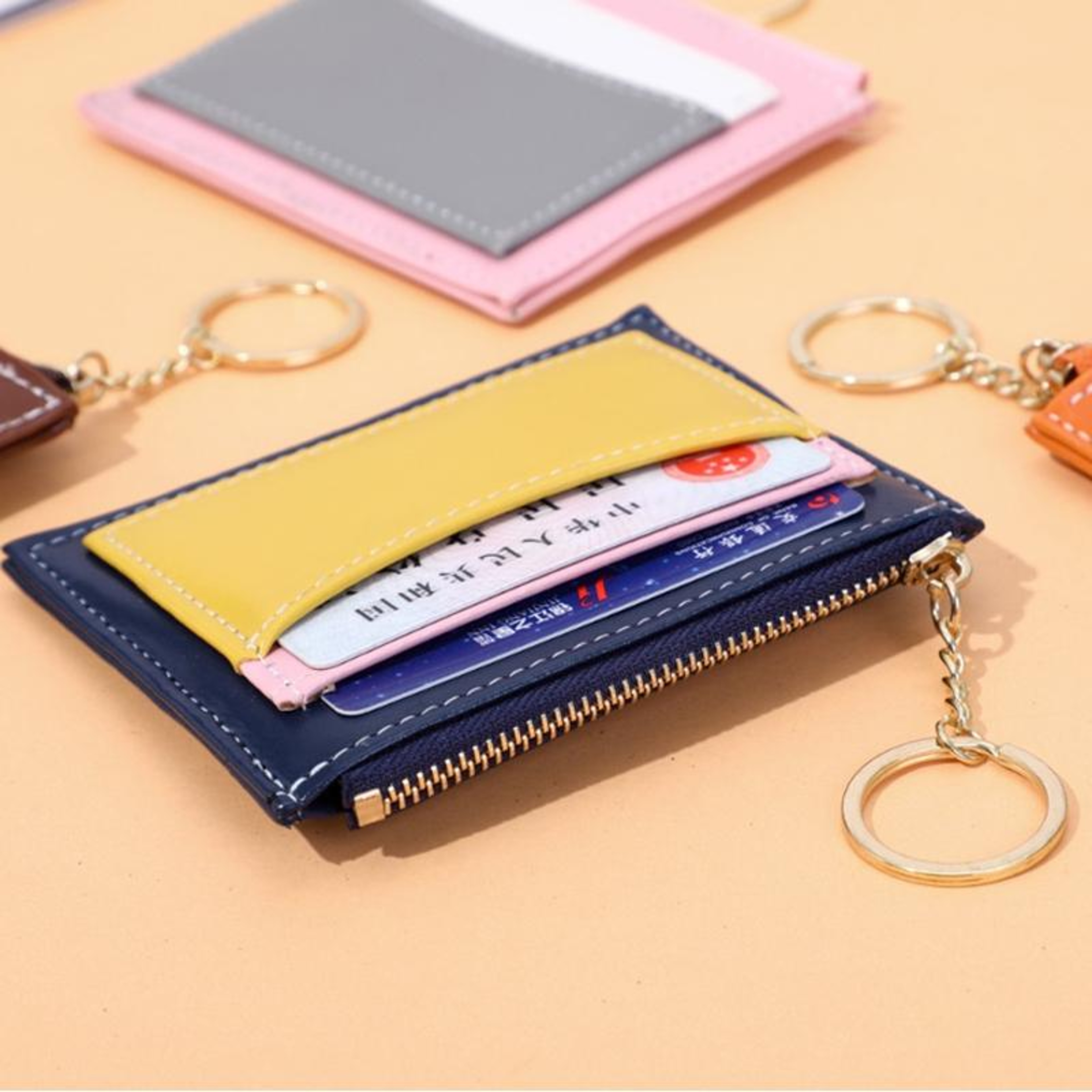 Portable Card Holder Wallet PU Leather Keychain Wallet With Zipper Coin Purse 1
