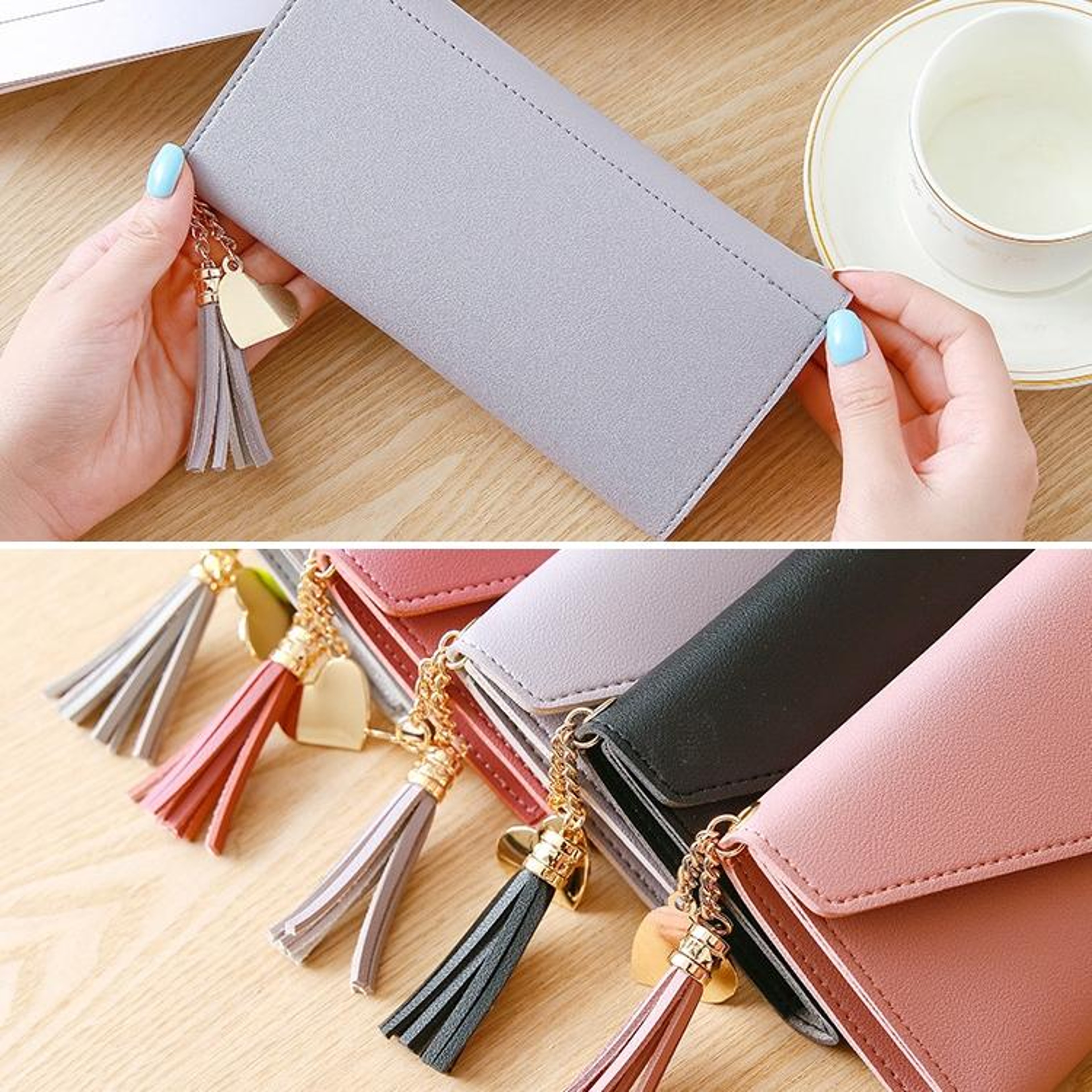 Womens Long PU Leather Wallet Card Holder Clutch Purse With Tassel Coin Pocket 3