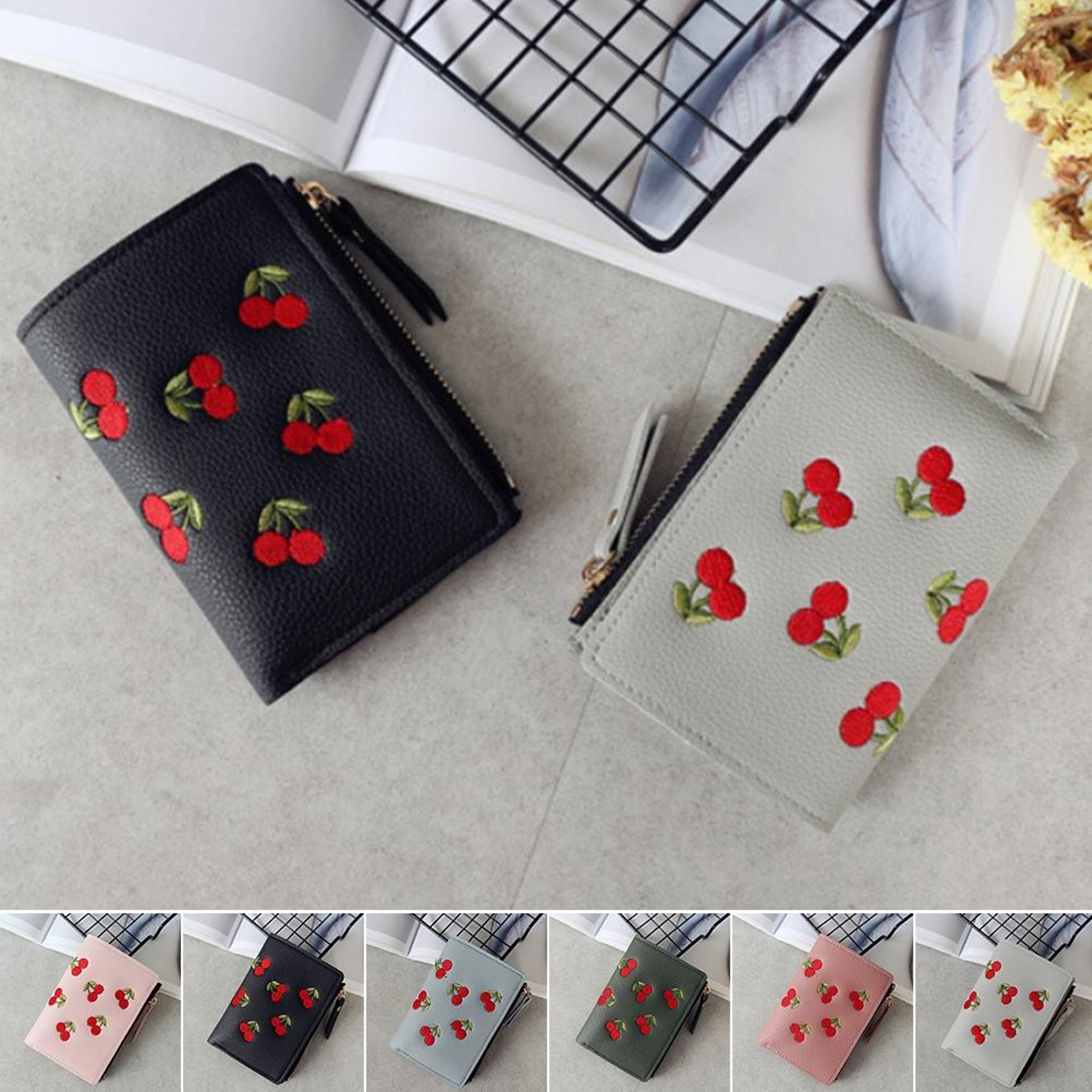 Cute Cherry Embroidered PU Leather Wallet Mini Card Holder Wallet With Zipper Coin Purse 1