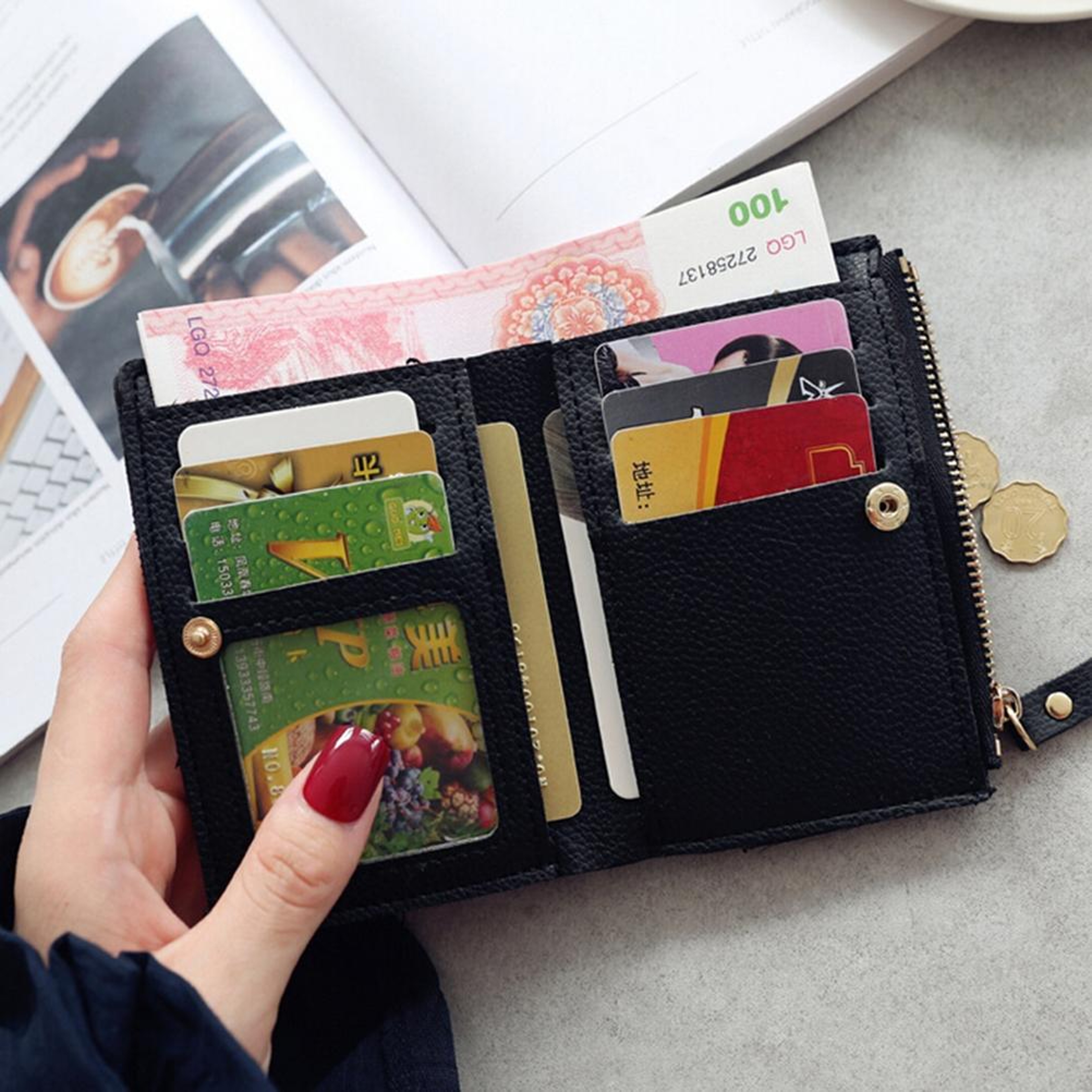 Cute Cherry Embroidered PU Leather Wallet Mini Card Holder Wallet With Zipper Coin Purse 3