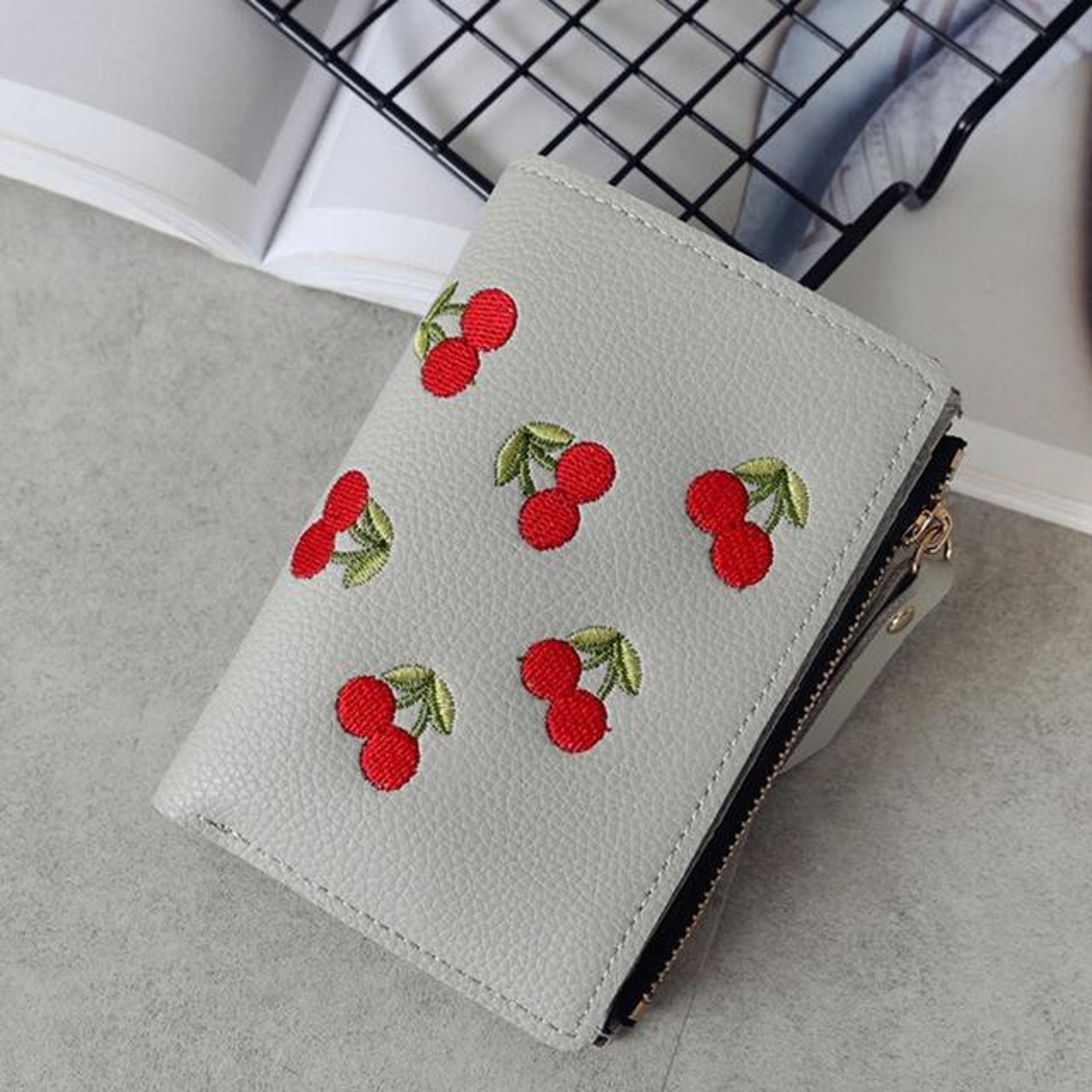 Cute Cherry Embroidered PU Leather Wallet Mini Card Holder Wallet With Zipper Coin Purse 9
