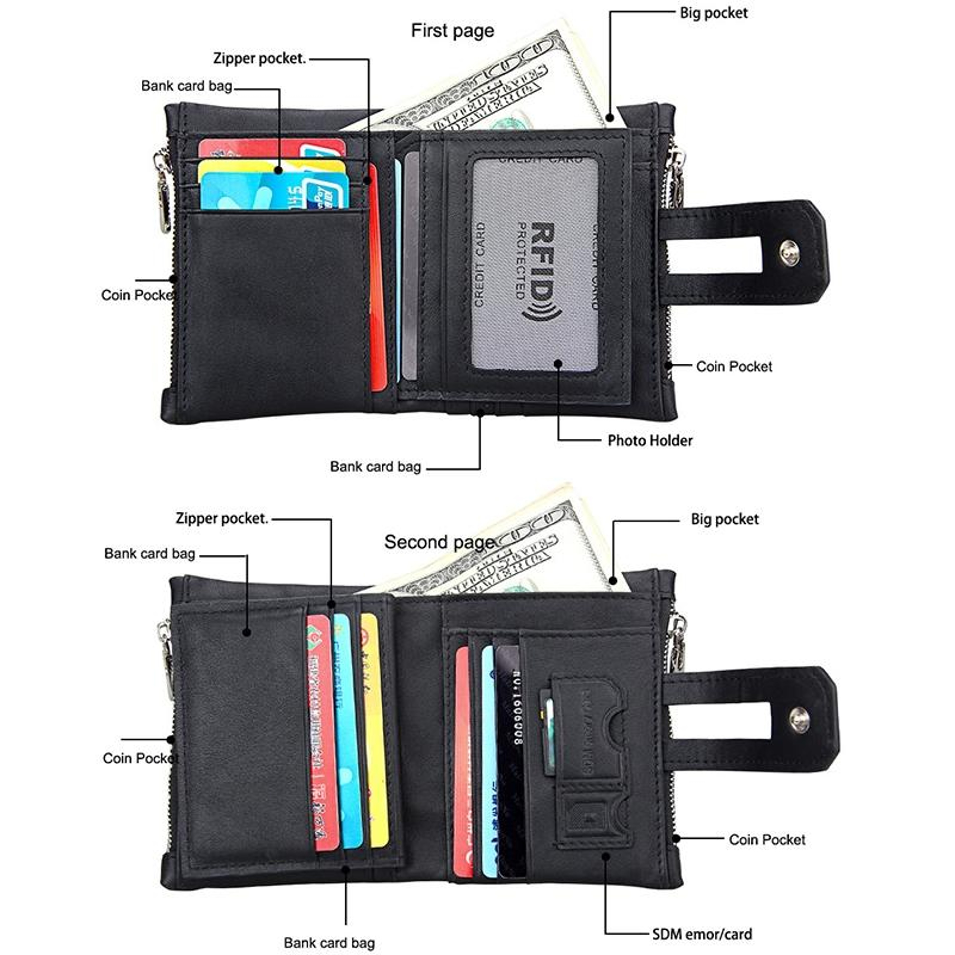 Crazy Horse Leather RFID Wallet For Men Tri Fold Card Holder With Zipper Coin Pocket 2