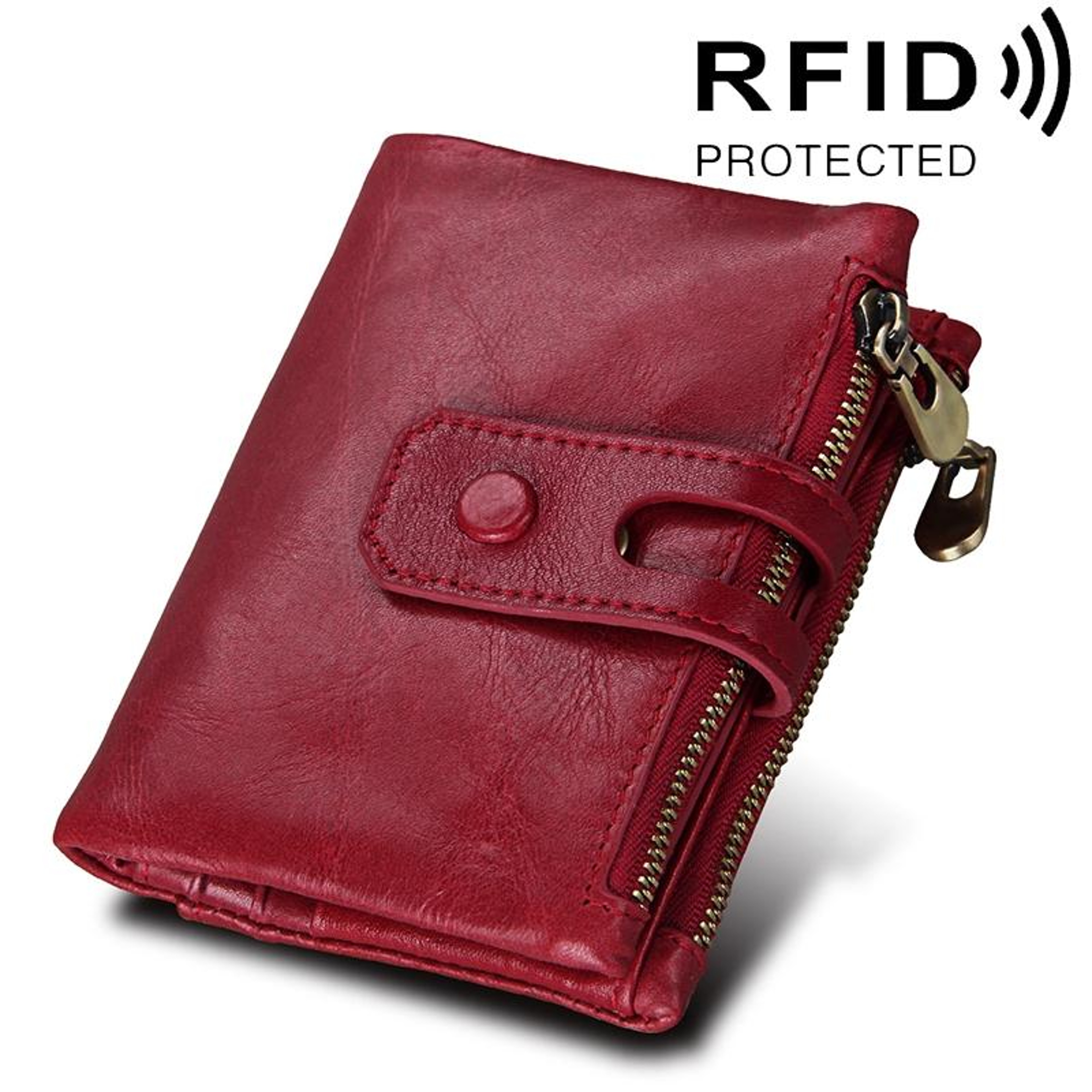 Crazy Horse Leather RFID Wallet For Men Tri Fold Card Holder With Zipper Coin Pocket 10