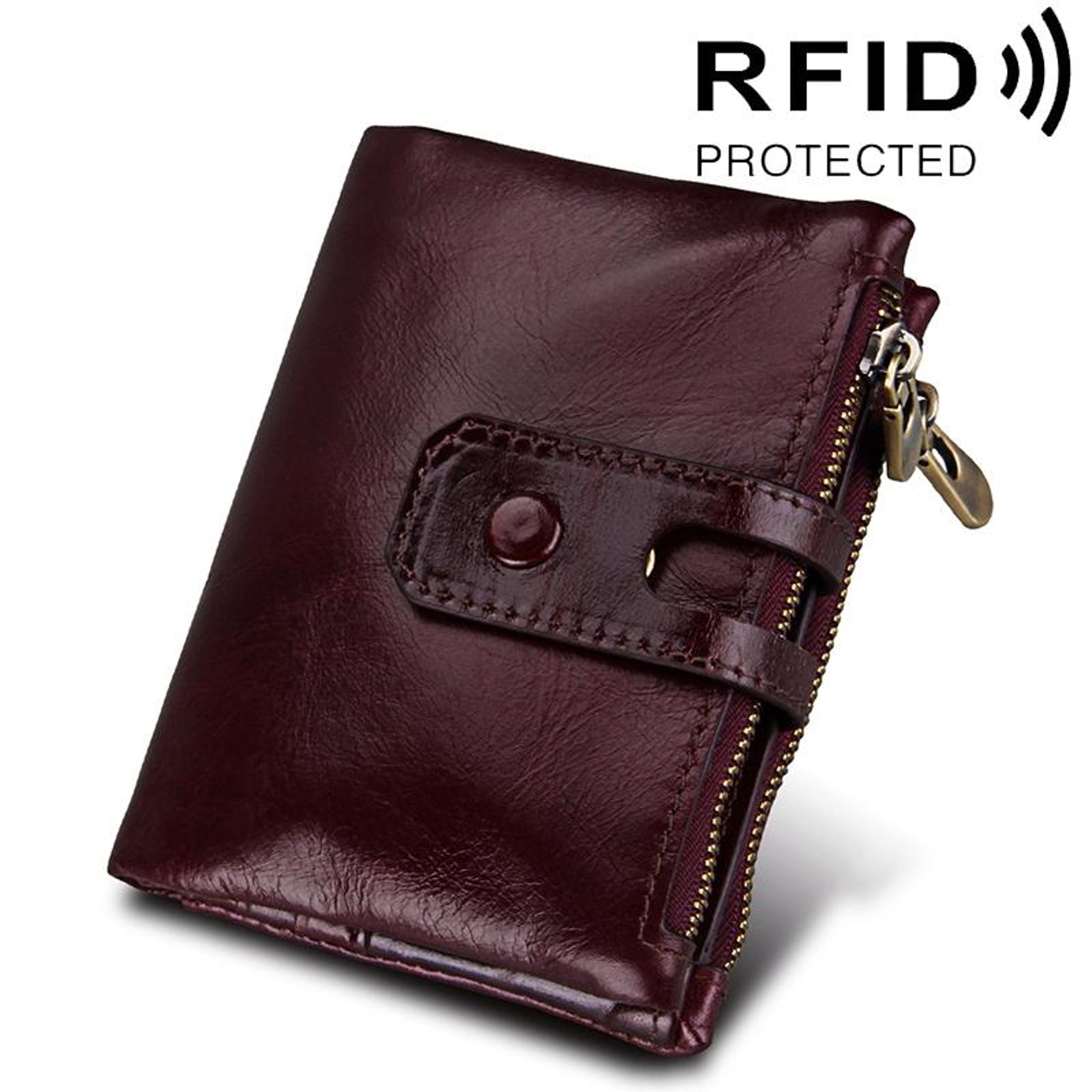 Crazy Horse Leather RFID Wallet For Men Tri Fold Card Holder With Zipper Coin Pocket 12