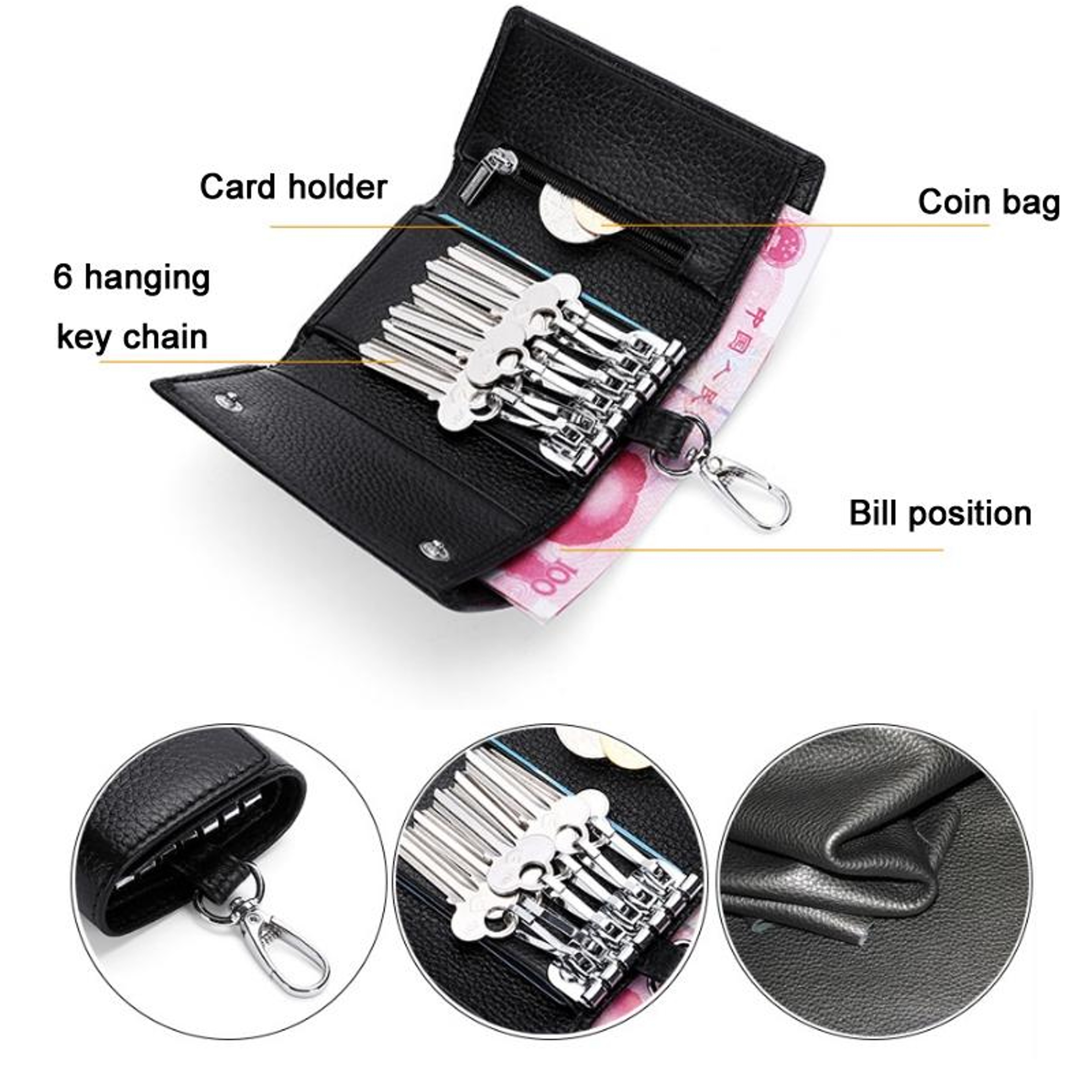 Genuine Leather Key Wallet Tri Fold Key Coin Purse With Card Holder And Keychain 3
