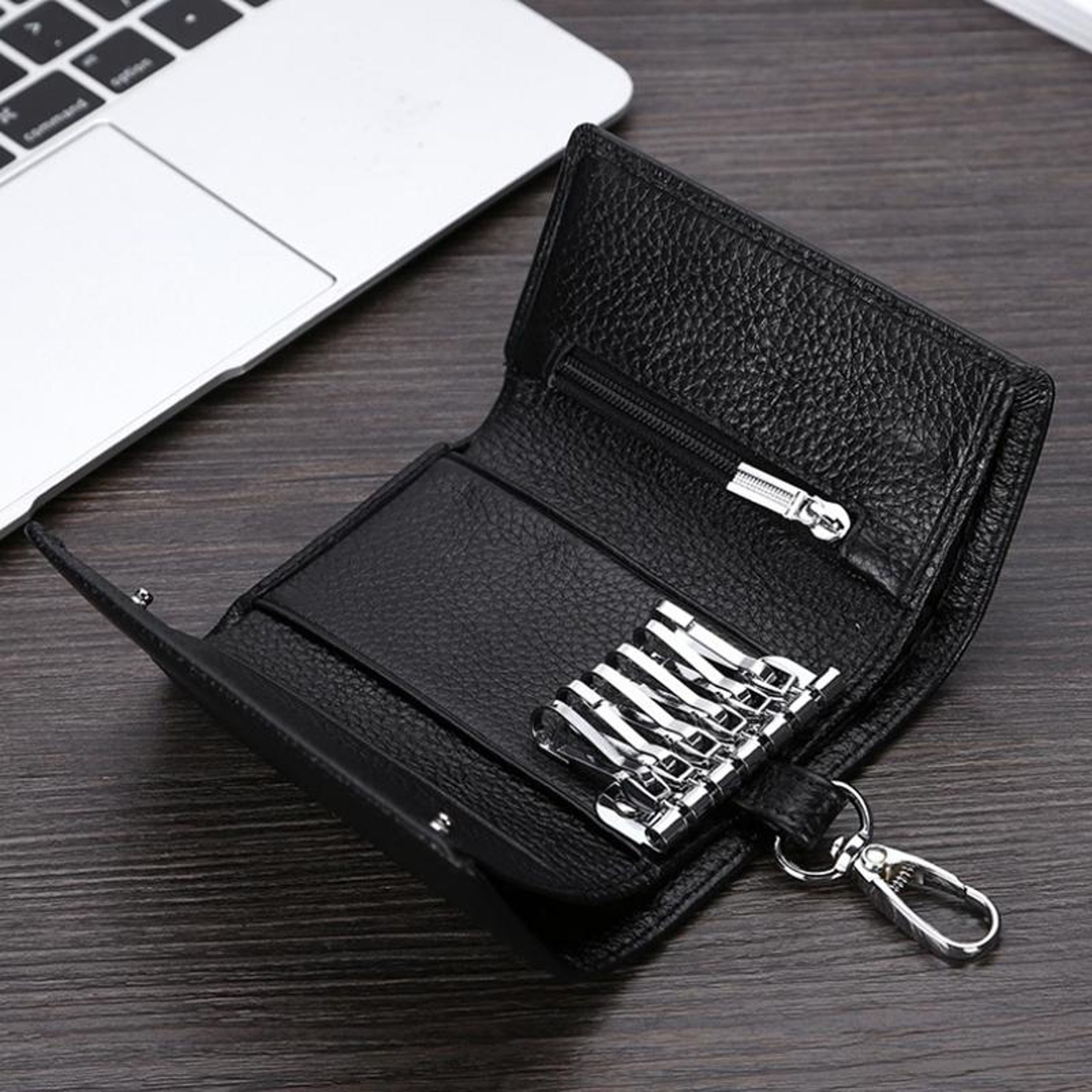 Genuine Leather Key Wallet Tri Fold Key Coin Purse With Card Holder And Keychain 4