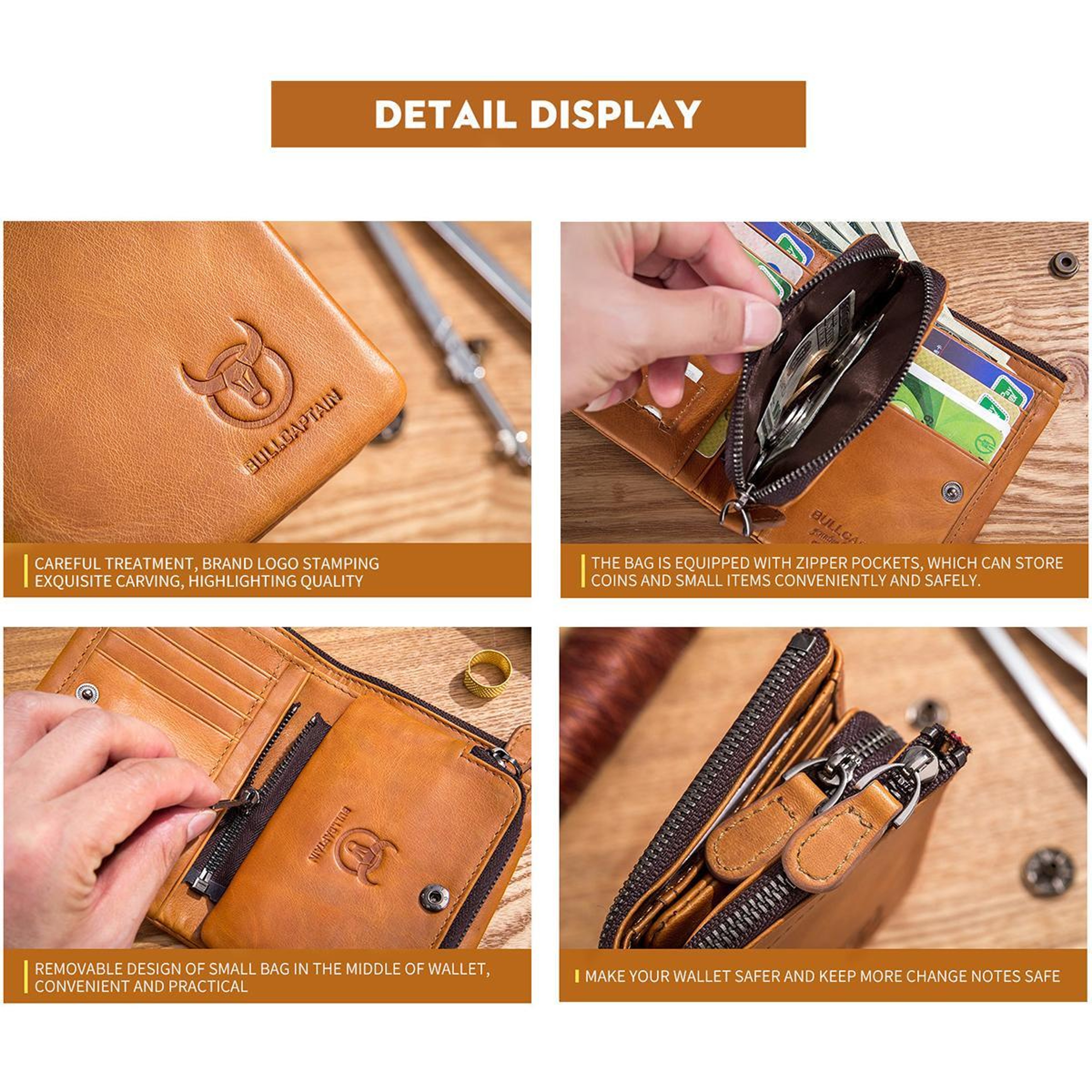 RFID Leather Wallet For Men Multi Slot Card Holder Wallet With Detachable Coin Purse 7