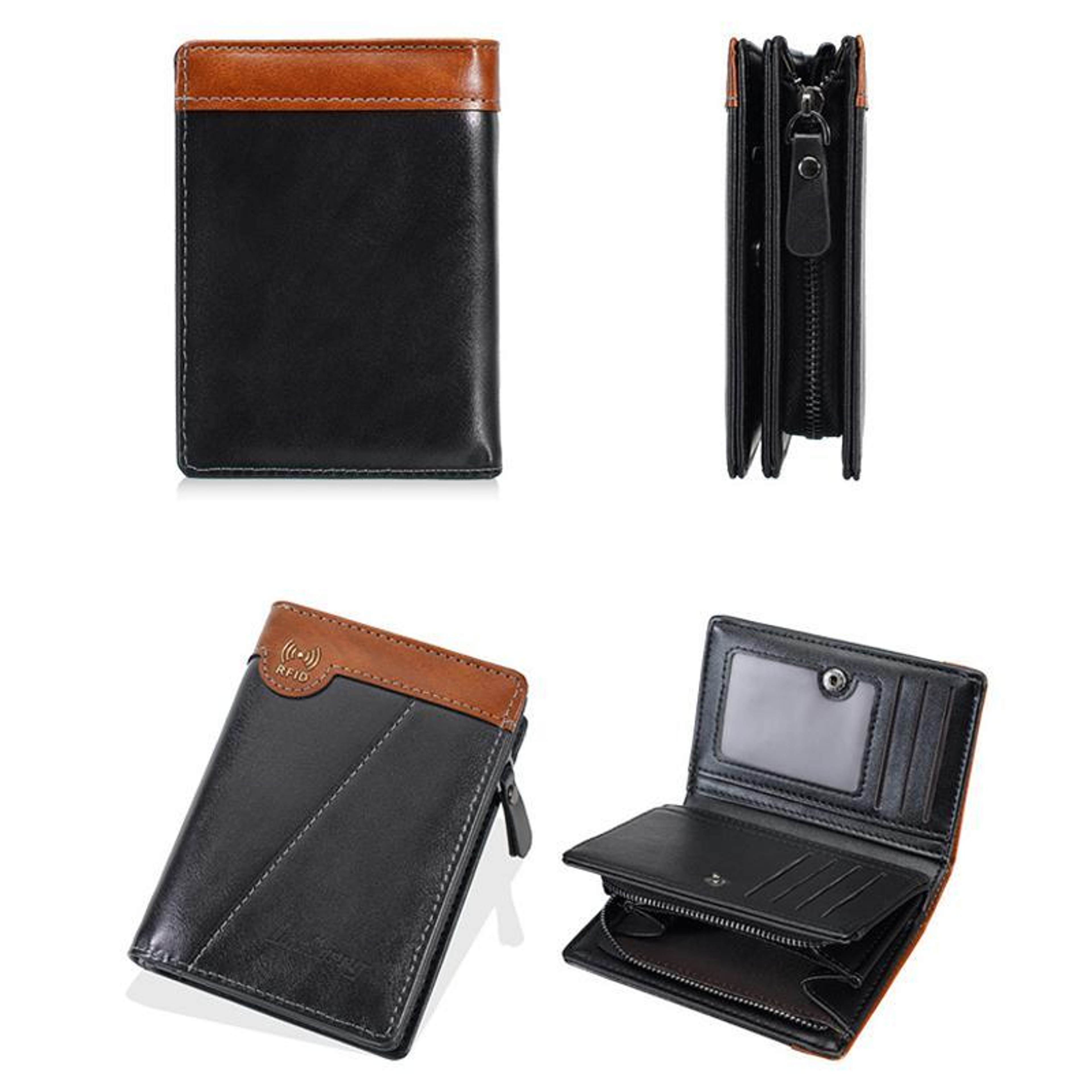 Vintage RFID Wallet For Men Compact PU Leather Multi Card Holder With Zipper Coin Pocket 6