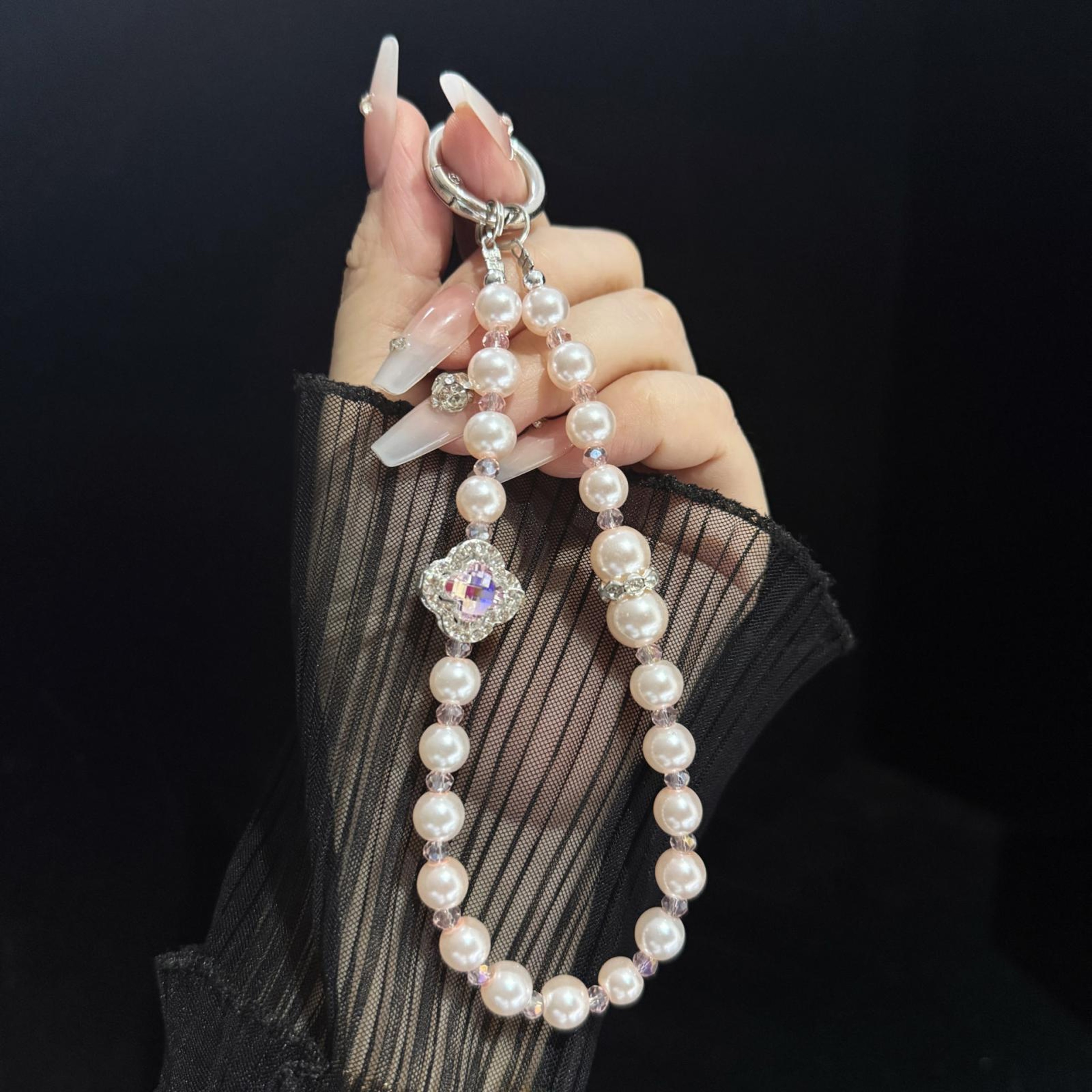 Rhinestone Flower Pearl Phone Lanyard AntiLost Crystal Beaded Phone Chain 3