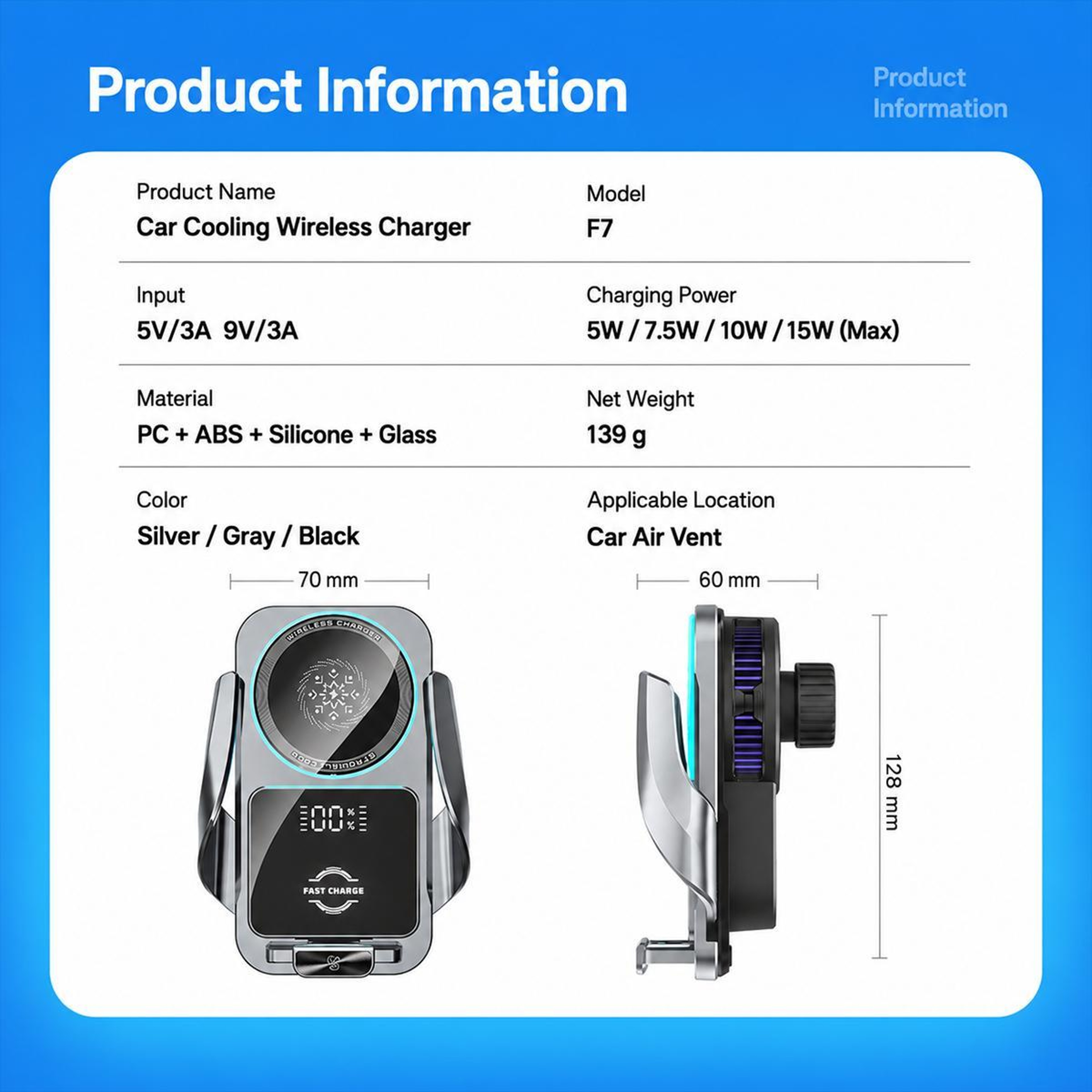 Magnetic Cooling 15W Wireless Car Charger Air Vent Phone Holder 4