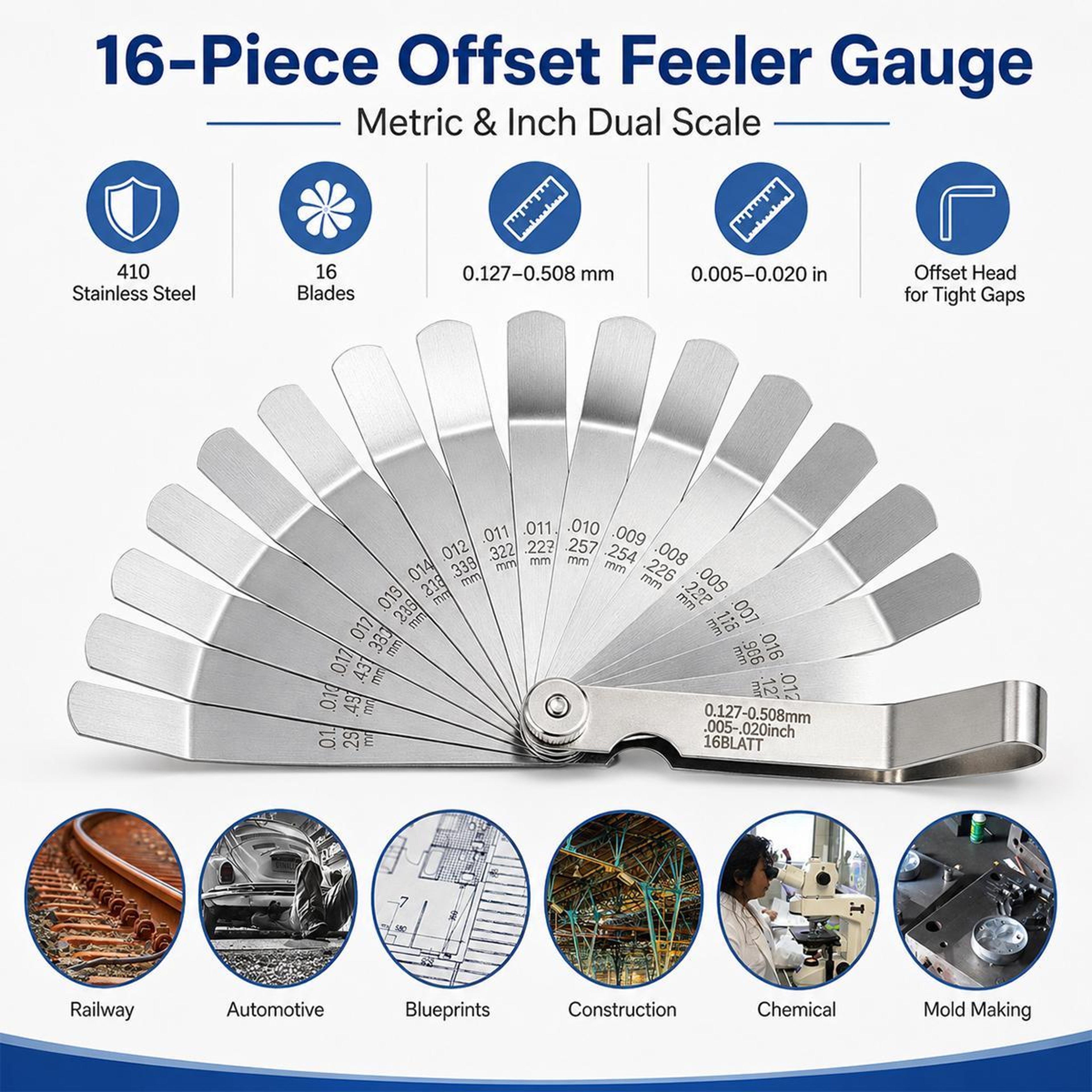 16 in 1 Elbow Feeler Gauge Stainless Steel Gap Measurement Tool – view 2