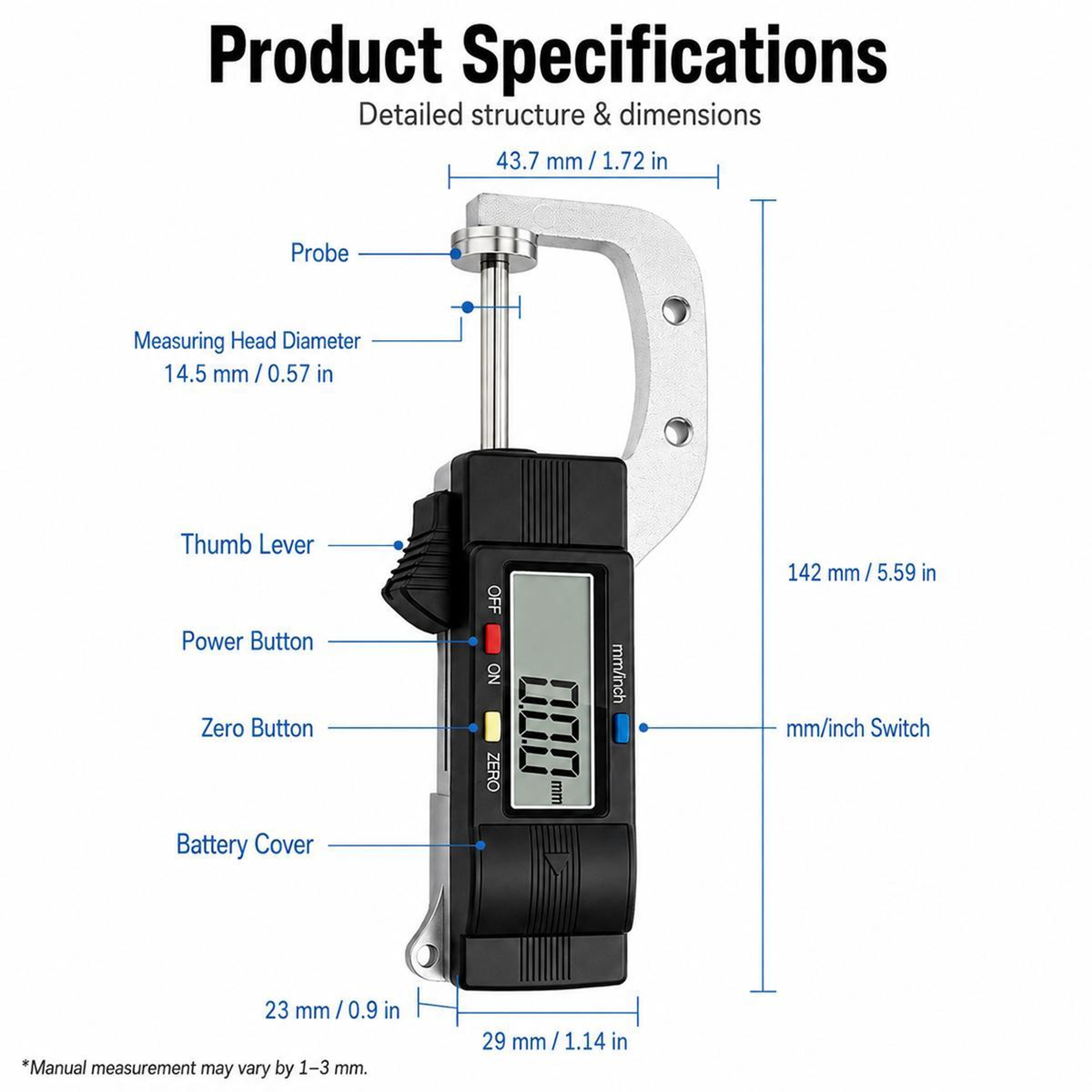 Precision Digital Thickness Gauge 0–25.4mm with 0.01mm Resolution – view 3