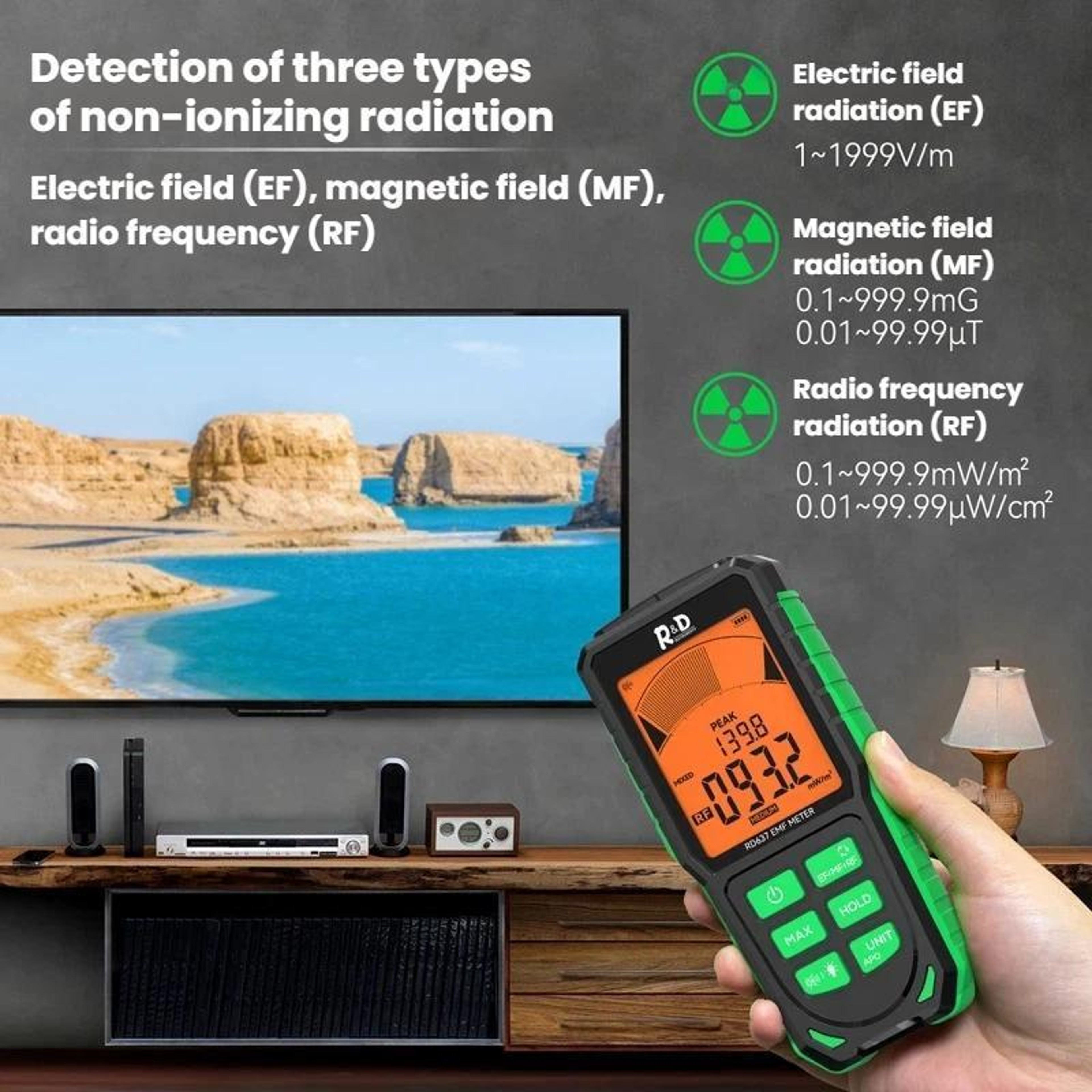 3-in-1 EMF Meter and Electromagnetic Radiation Detector for RF EF MF – view 2