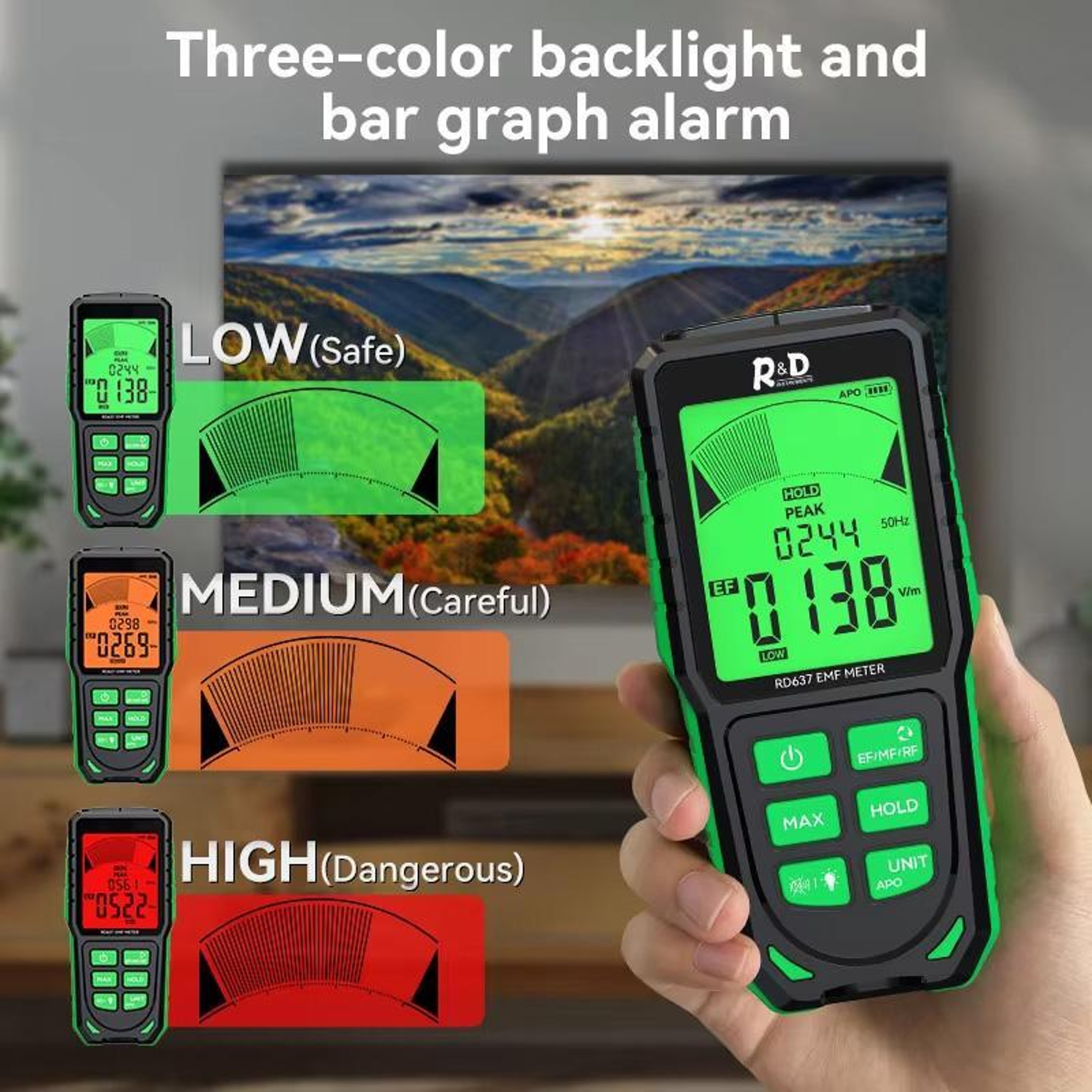 3-in-1 EMF Meter and Electromagnetic Radiation Detector for RF EF MF – view 3