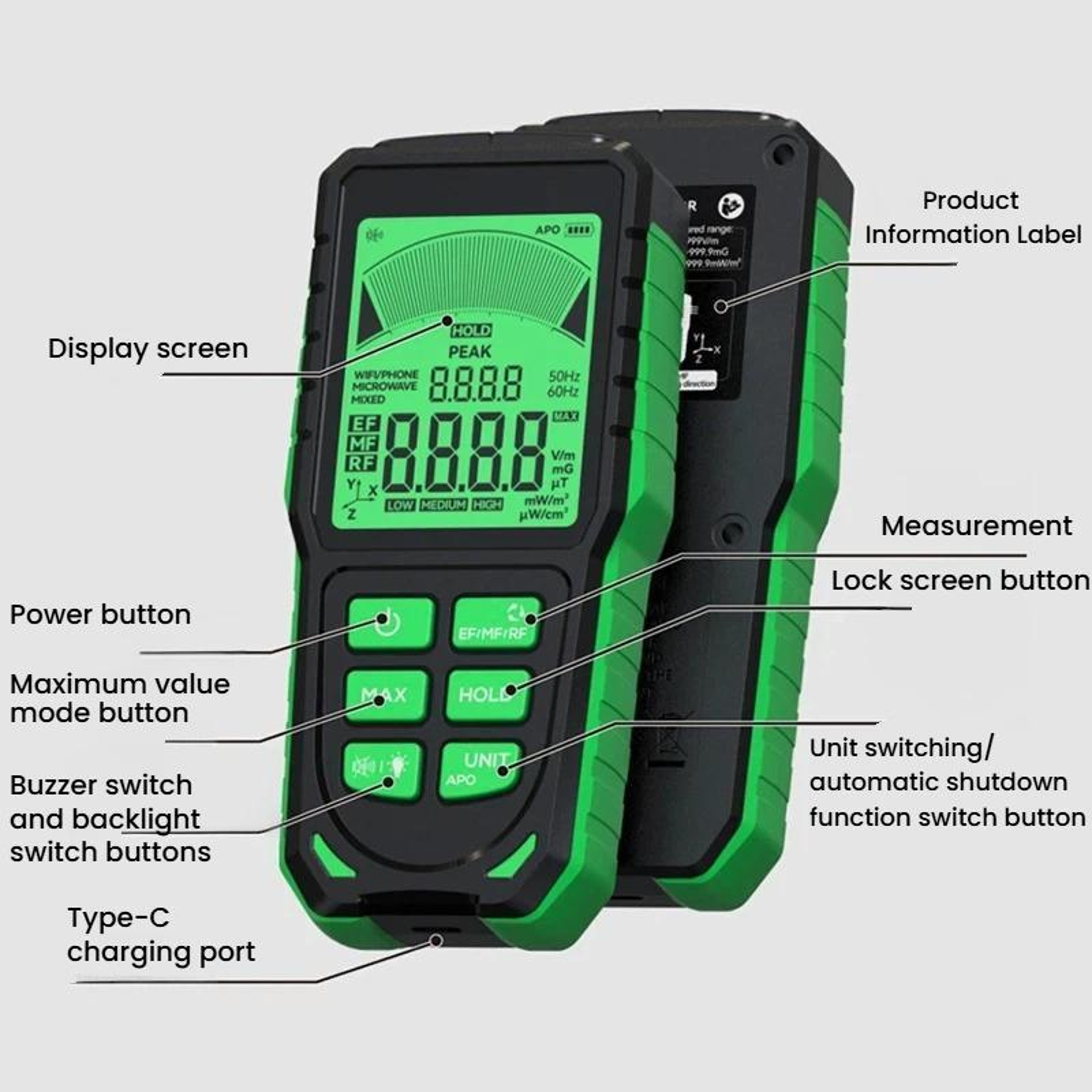 3-in-1 EMF Meter and Electromagnetic Radiation Detector for RF EF MF – view 8