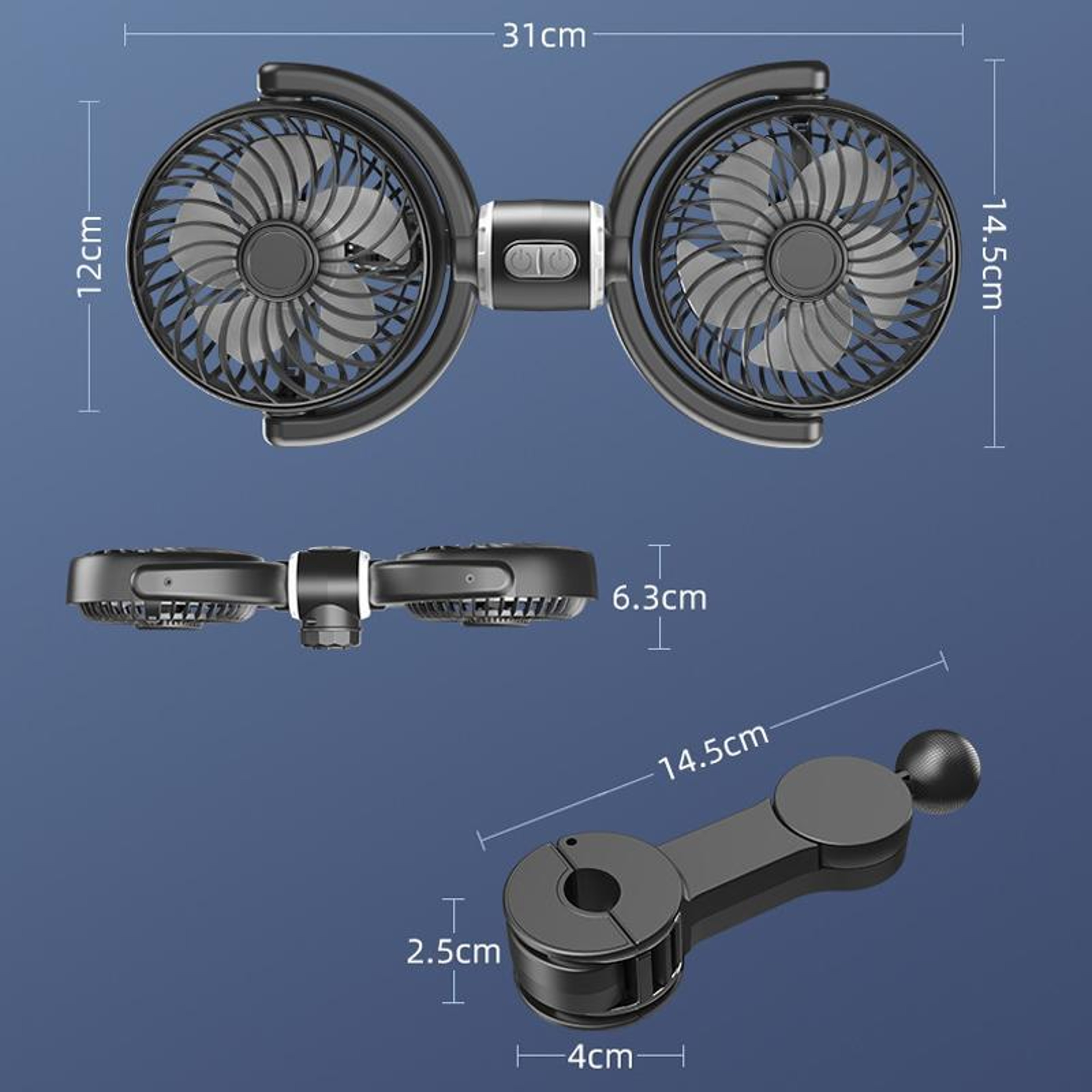 Dual Head Car Headrest Fan with USB Power and 3 Adjustable Speeds – view 3
