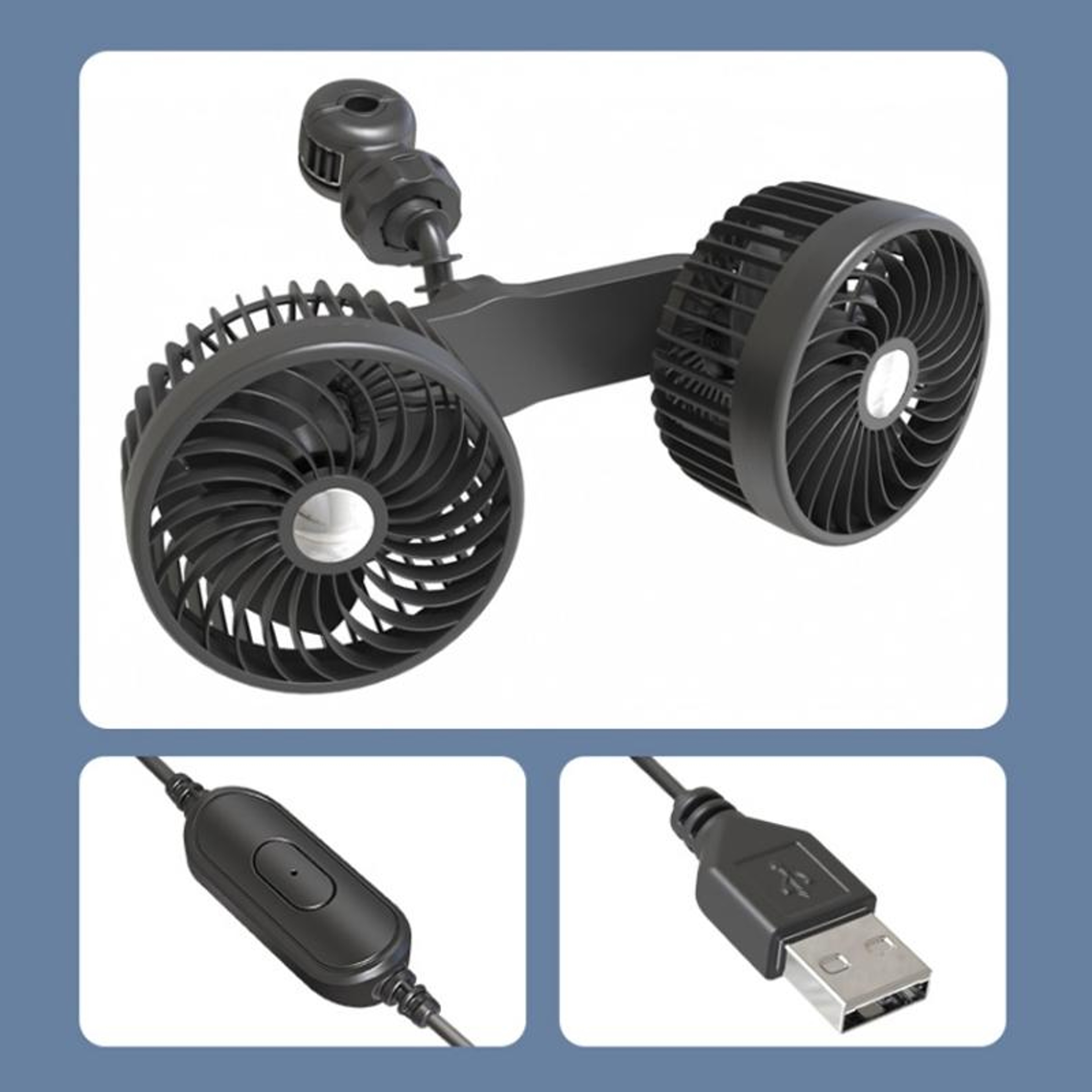 Dual Head Car Rear Seat Fan with USB Power and 3 Adjustable Speeds – view 2