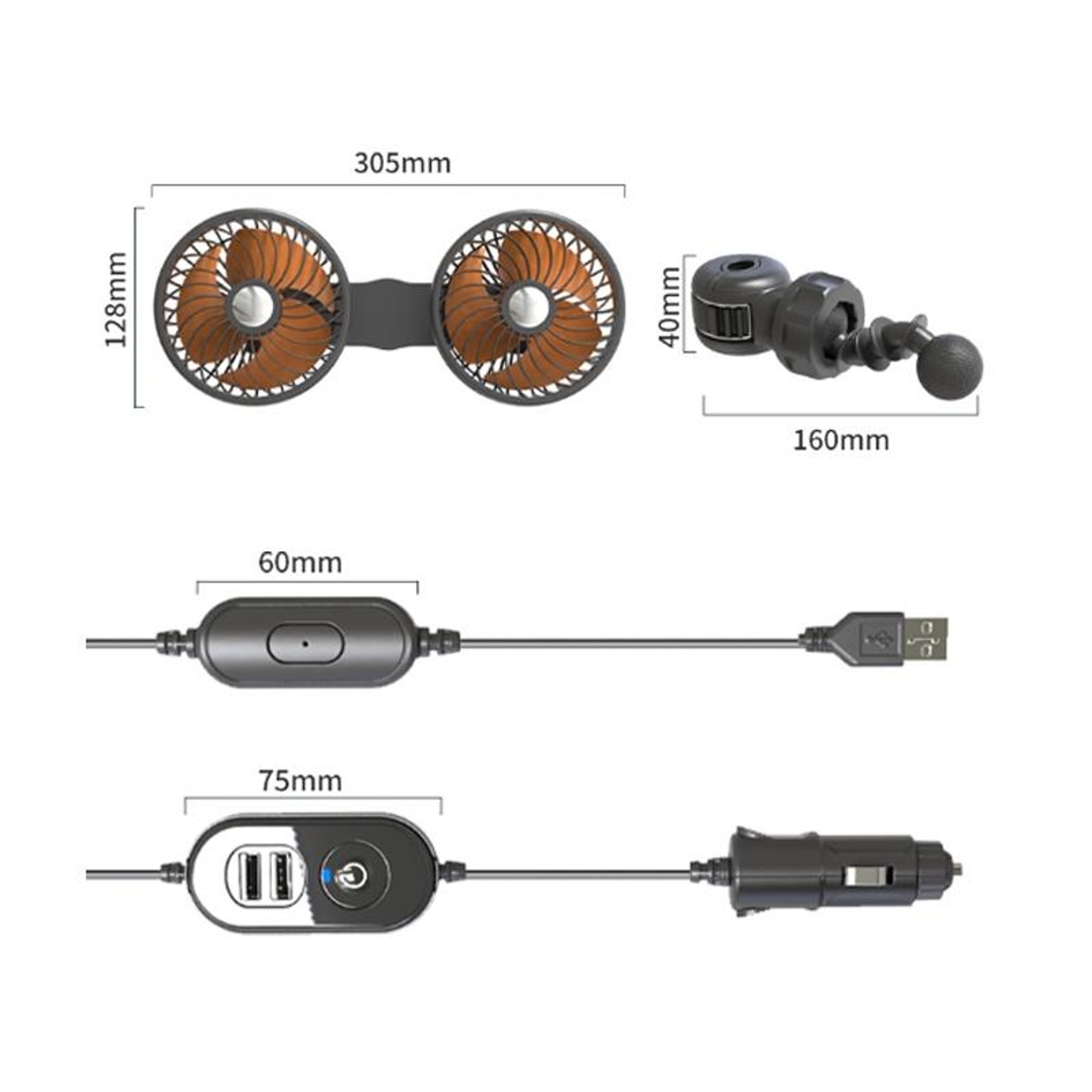 Dual Head Car Rear Seat Fan with USB Power and 3 Adjustable Speeds – view 3