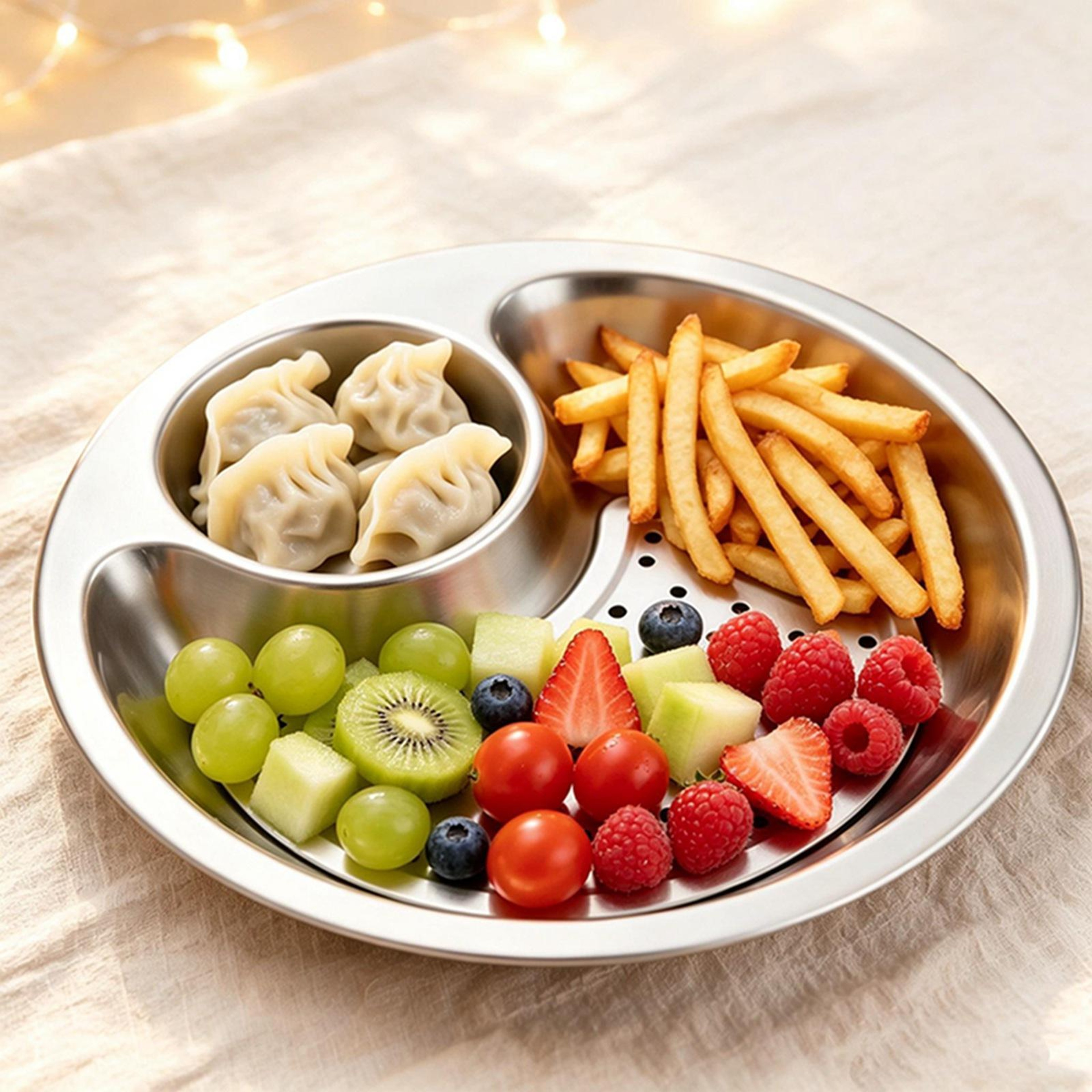 Stainless Steel Divided Serving Plate with Removable Draining Tray and Sauce Compartment – view 1