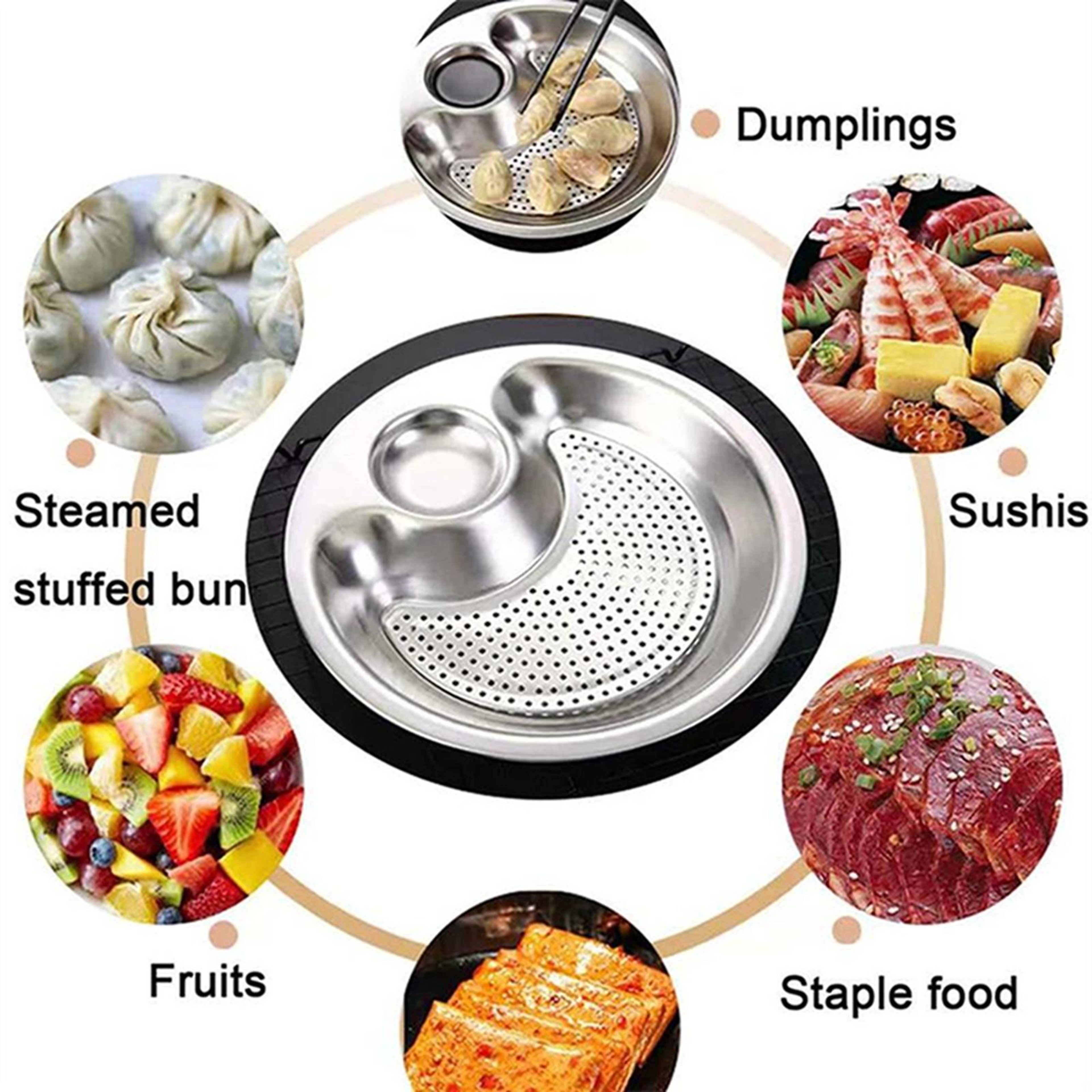 Stainless Steel Divided Serving Plate with Removable Draining Tray and Sauce Compartment – view 9