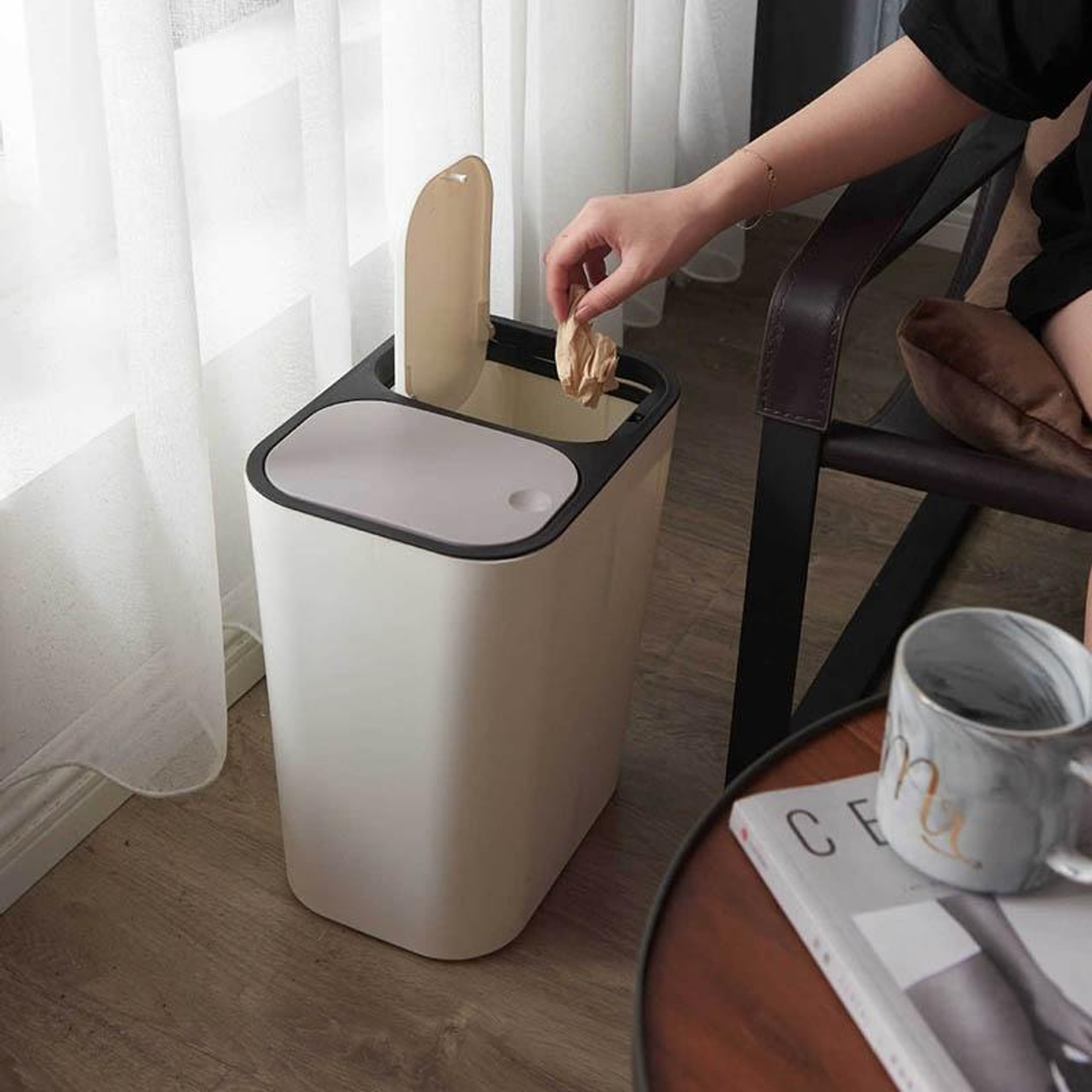 Dual Compartment Kitchen Trash Can With Push Lid For Wet And Dry Waste 8