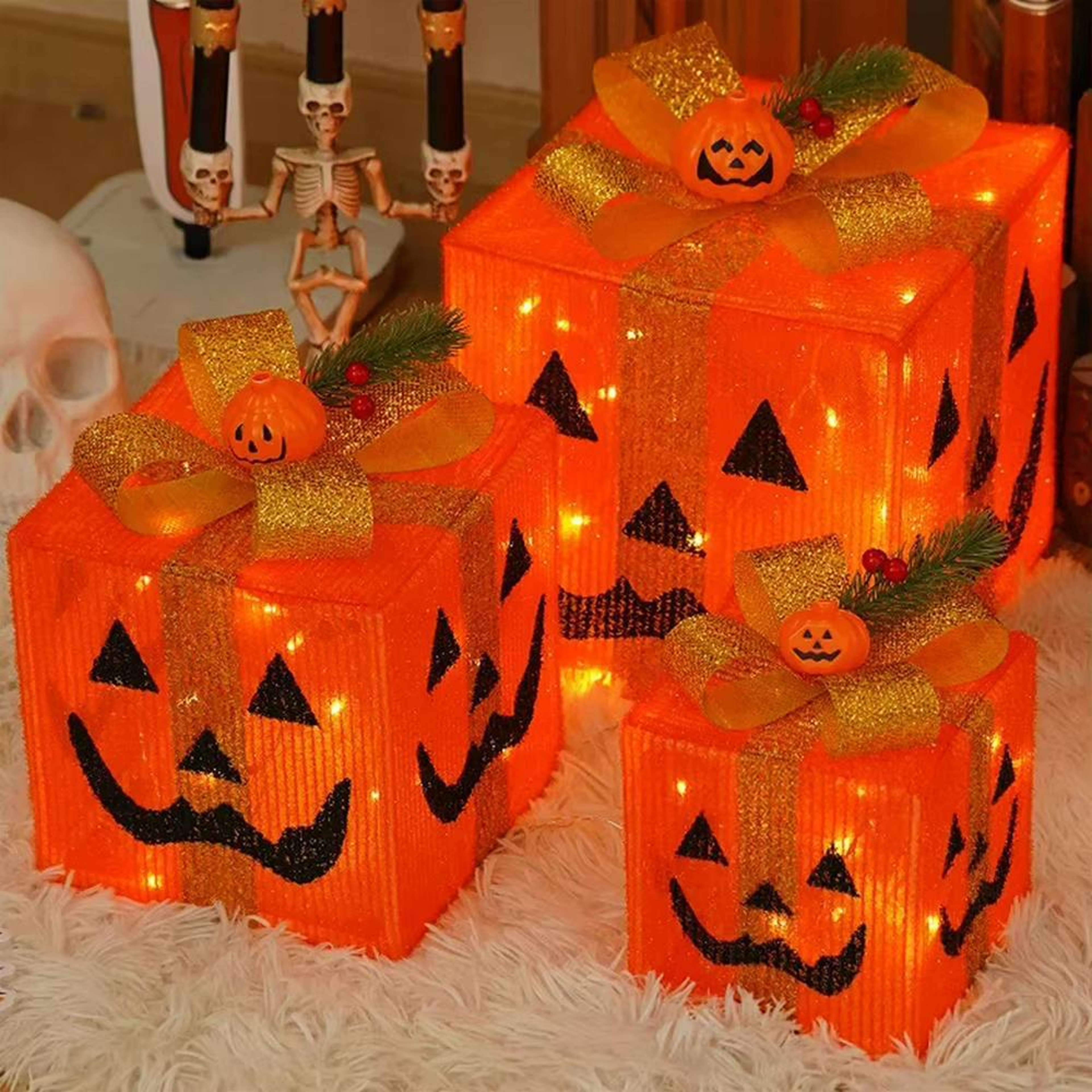 3PCS Halloween LightUp Gift Box Set With Pumpkin Design 0