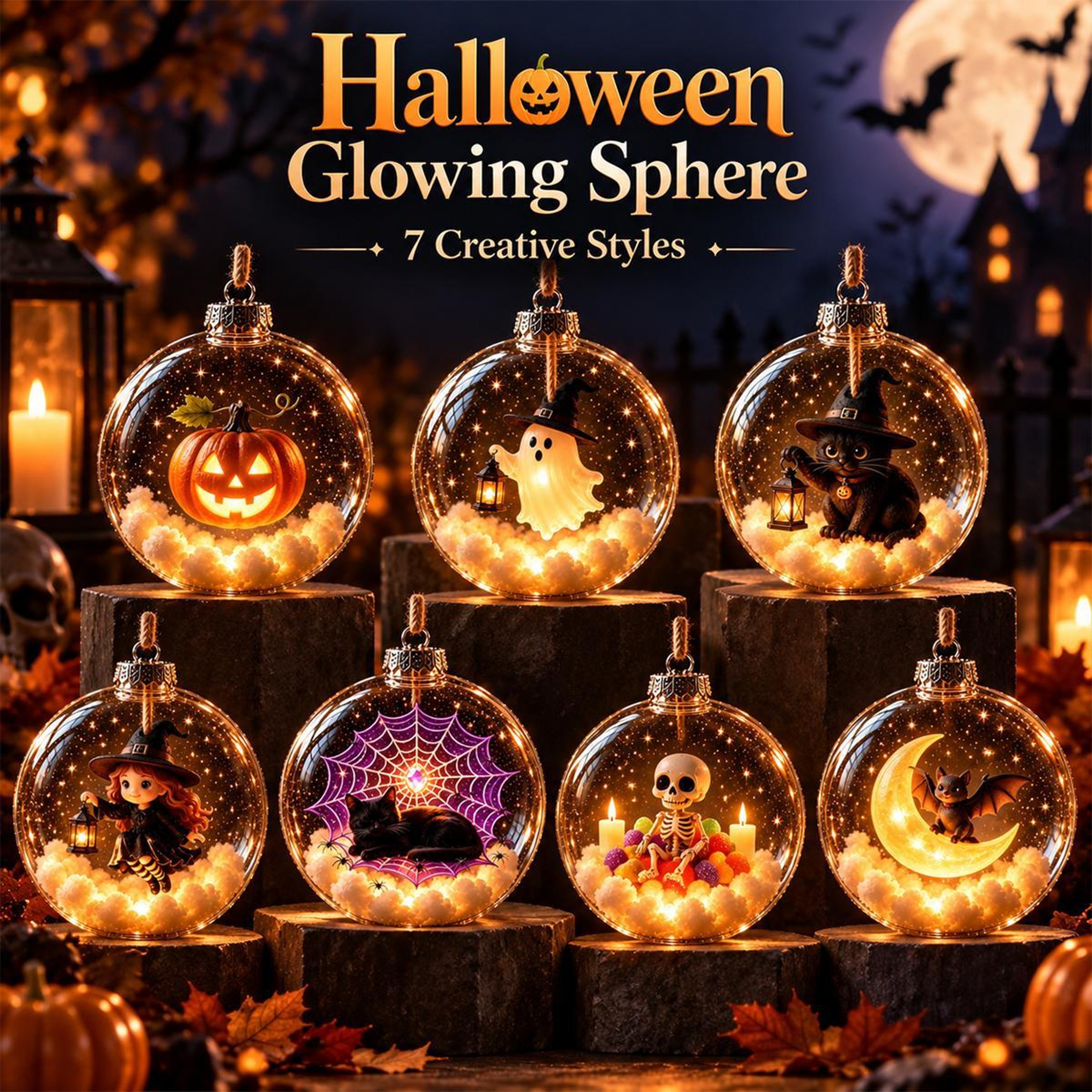 Halloween Glowing Hanging Sphere Ornament With Mini Figurine And Soft Light 1
