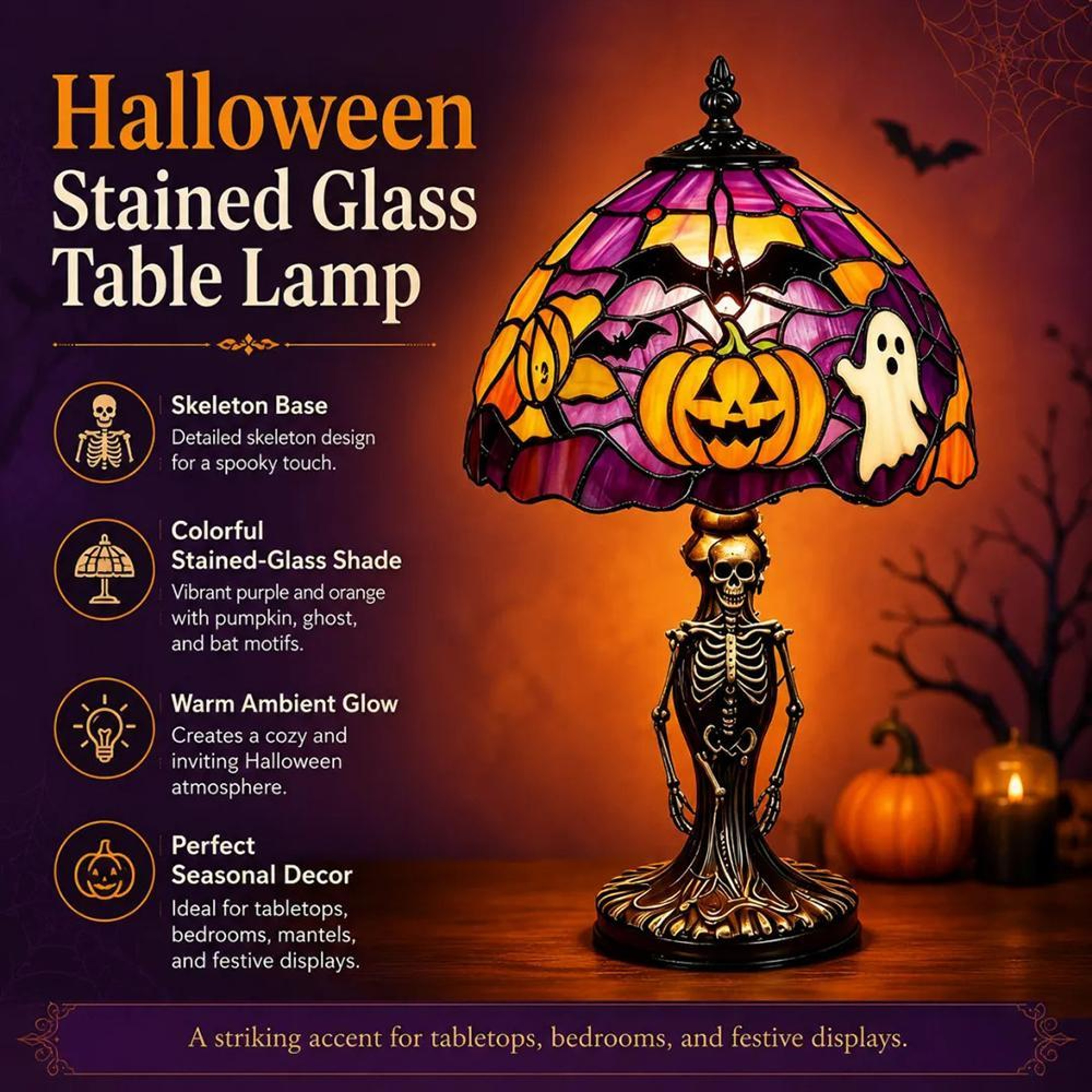 Halloween Ghost Stained Glass Lamp With LED Lighting And USB Power 4