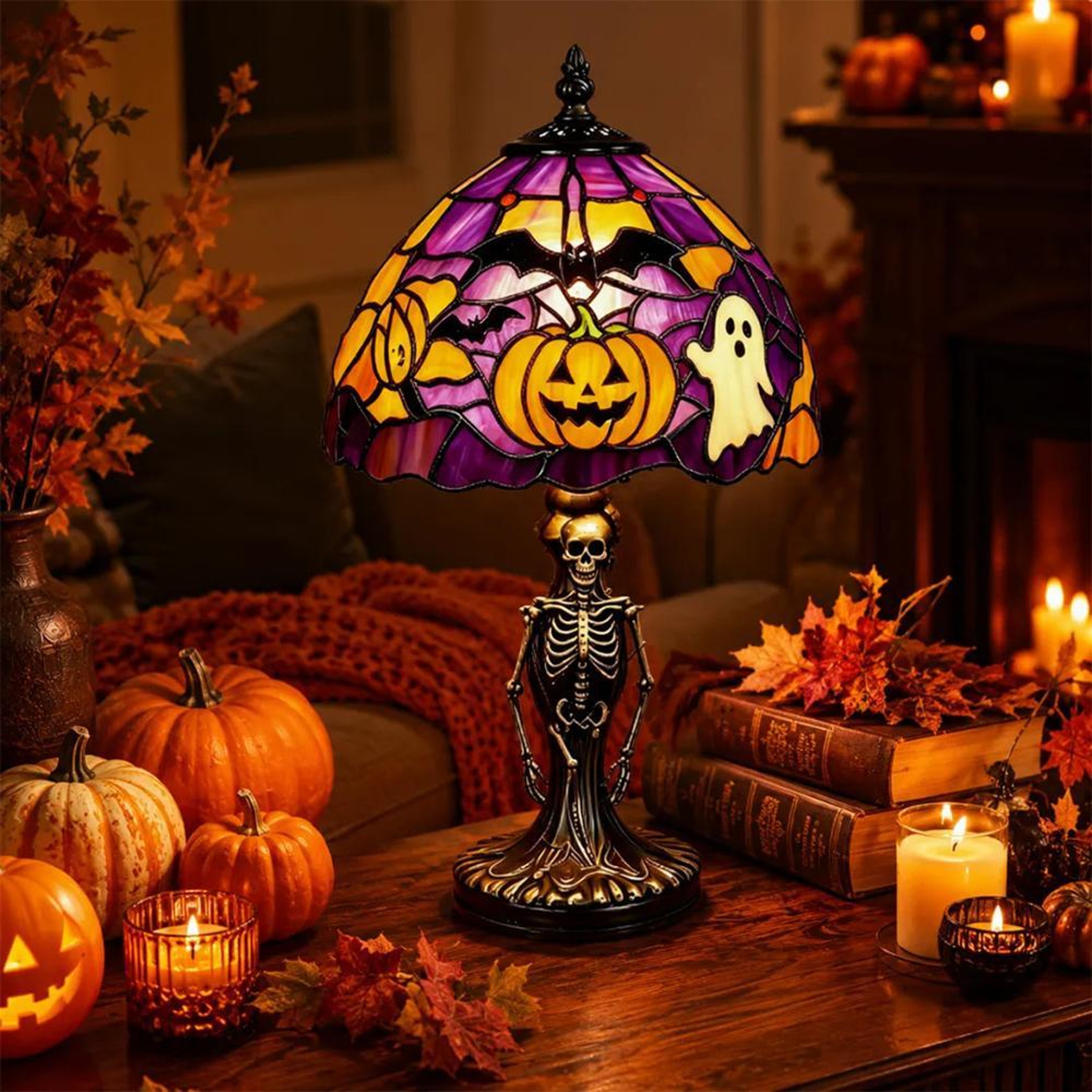 Halloween Ghost Stained Glass Lamp With LED Lighting And USB Power 6