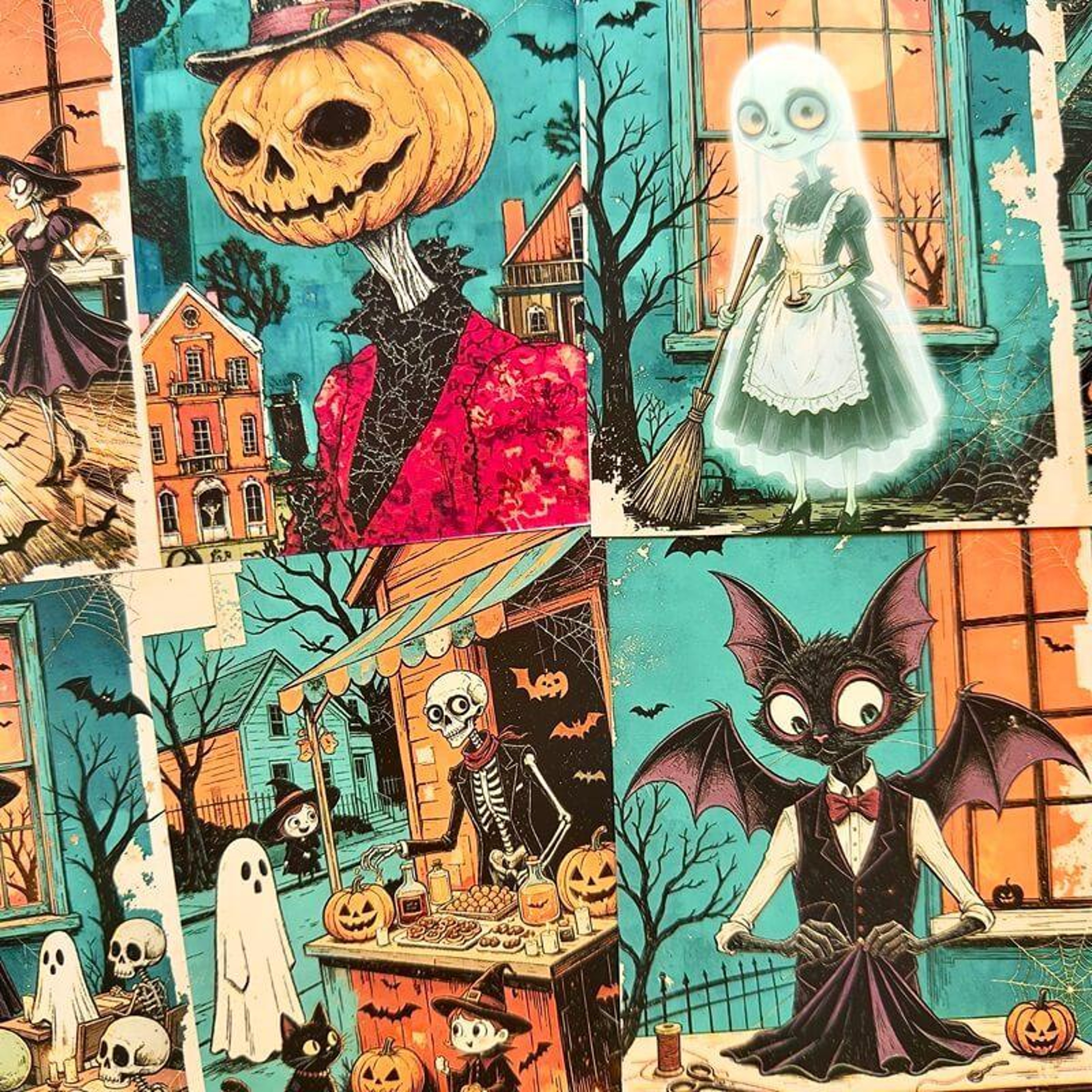 Gothic Halloween Wall Decor Paper With Spooky Cartoon Characters 4