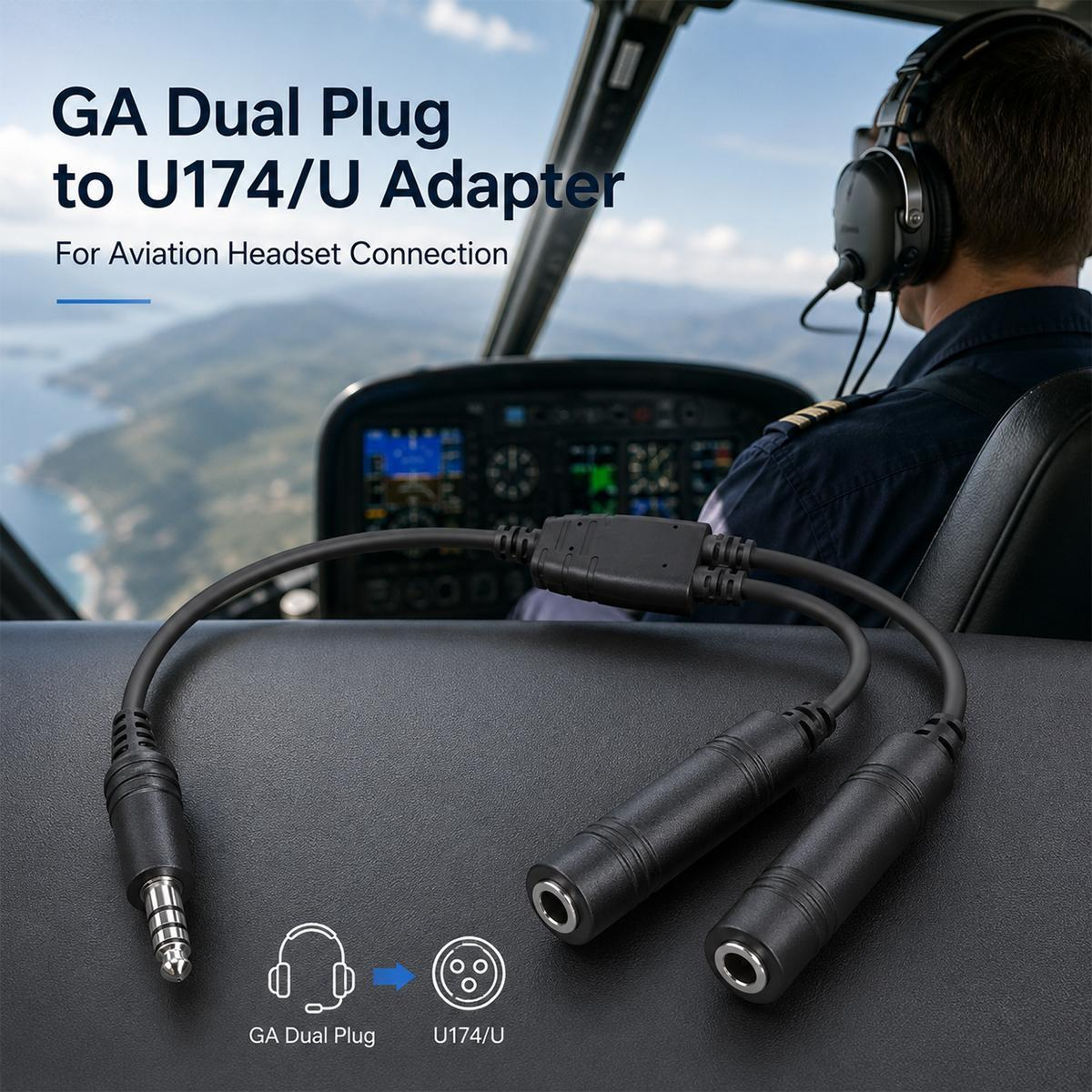Dual Plug to U174-U Helicopter Headset Adapter with 7.1mm Connector – view 4