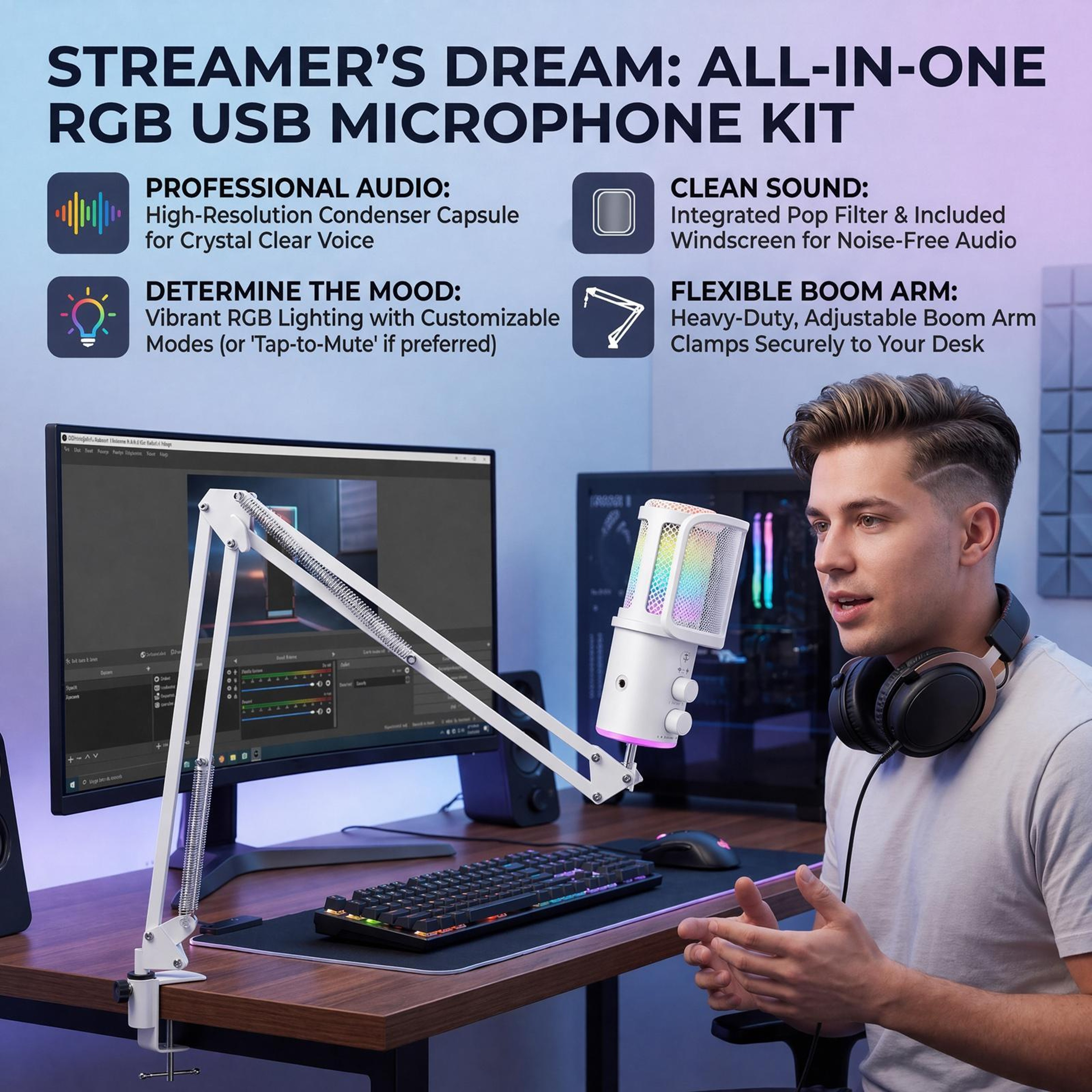 USB Condenser Gaming Microphone with RGB Lighting and Adjustable Boom Arm – view 7